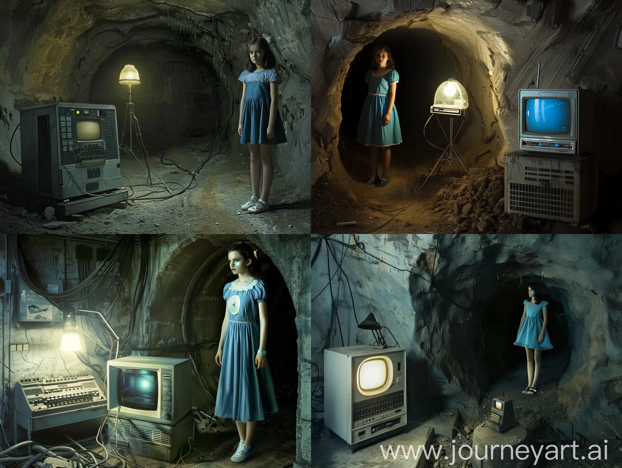 a dark bunker in the center, a light and an old work computer, and next to it a full-length adult girl in a blue dress