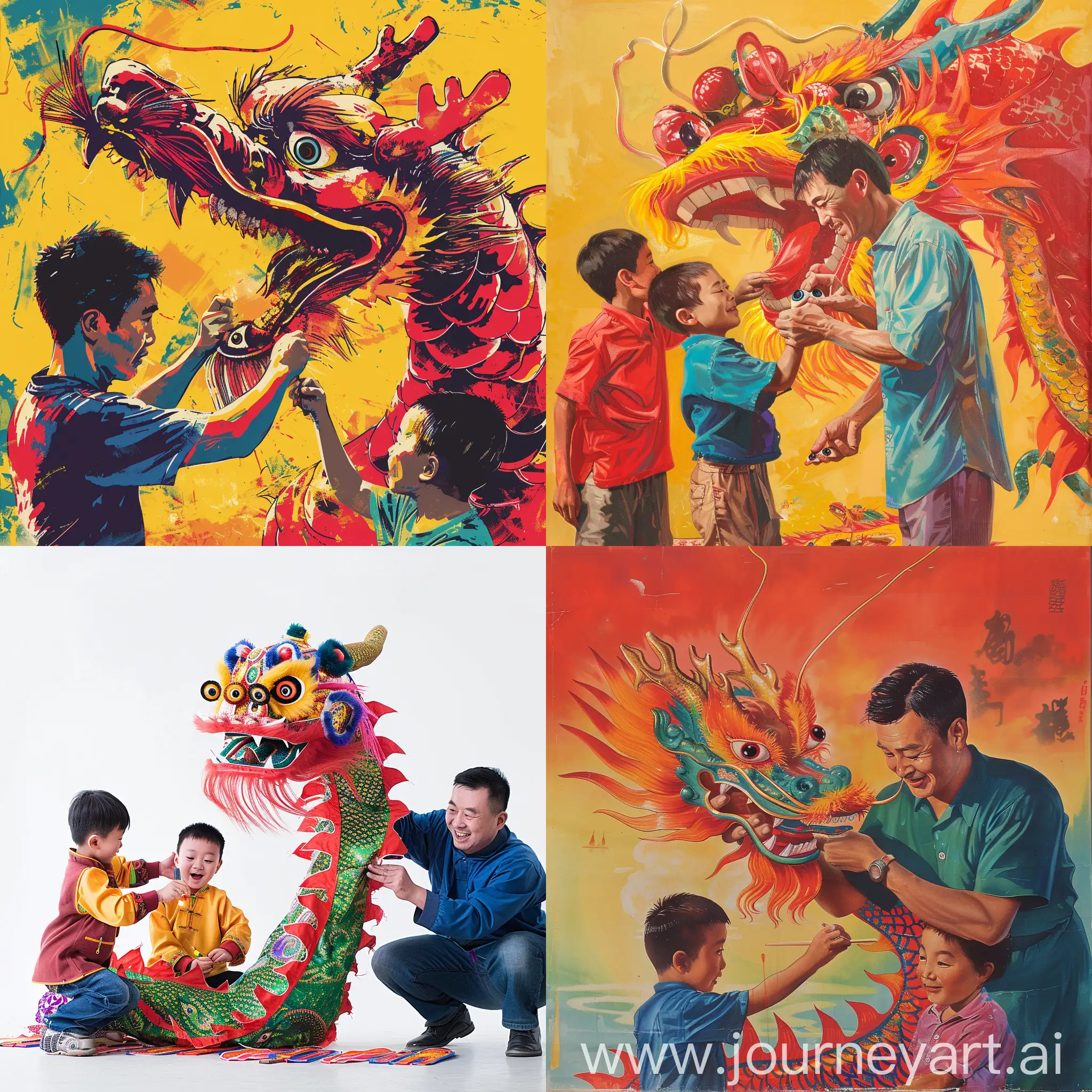 Chinese，one man and two children adding eyes to a dragon，bright colour，within three colours