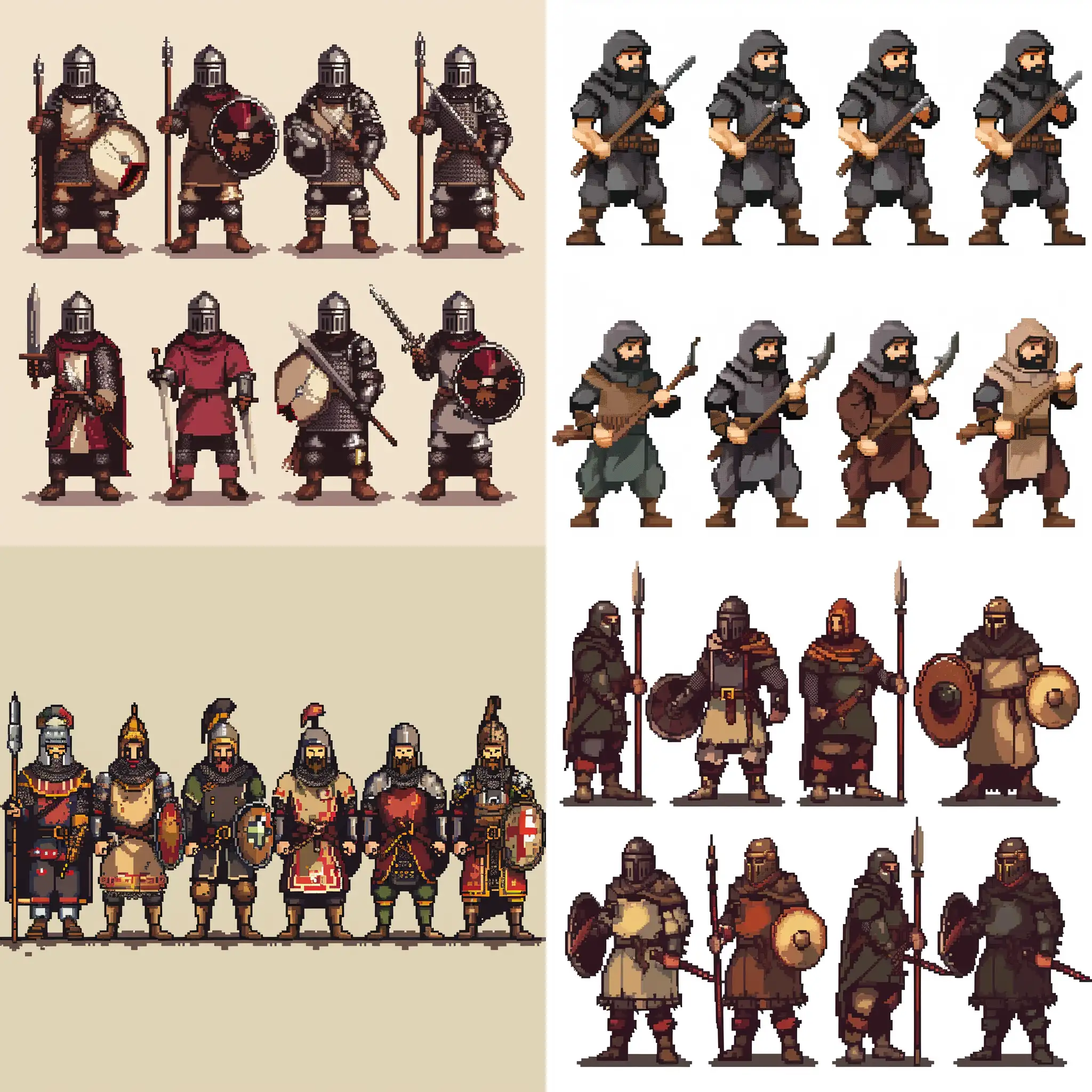 hussite warriors, game, pixel, sprite sheet --v 6 --ar 1:1
