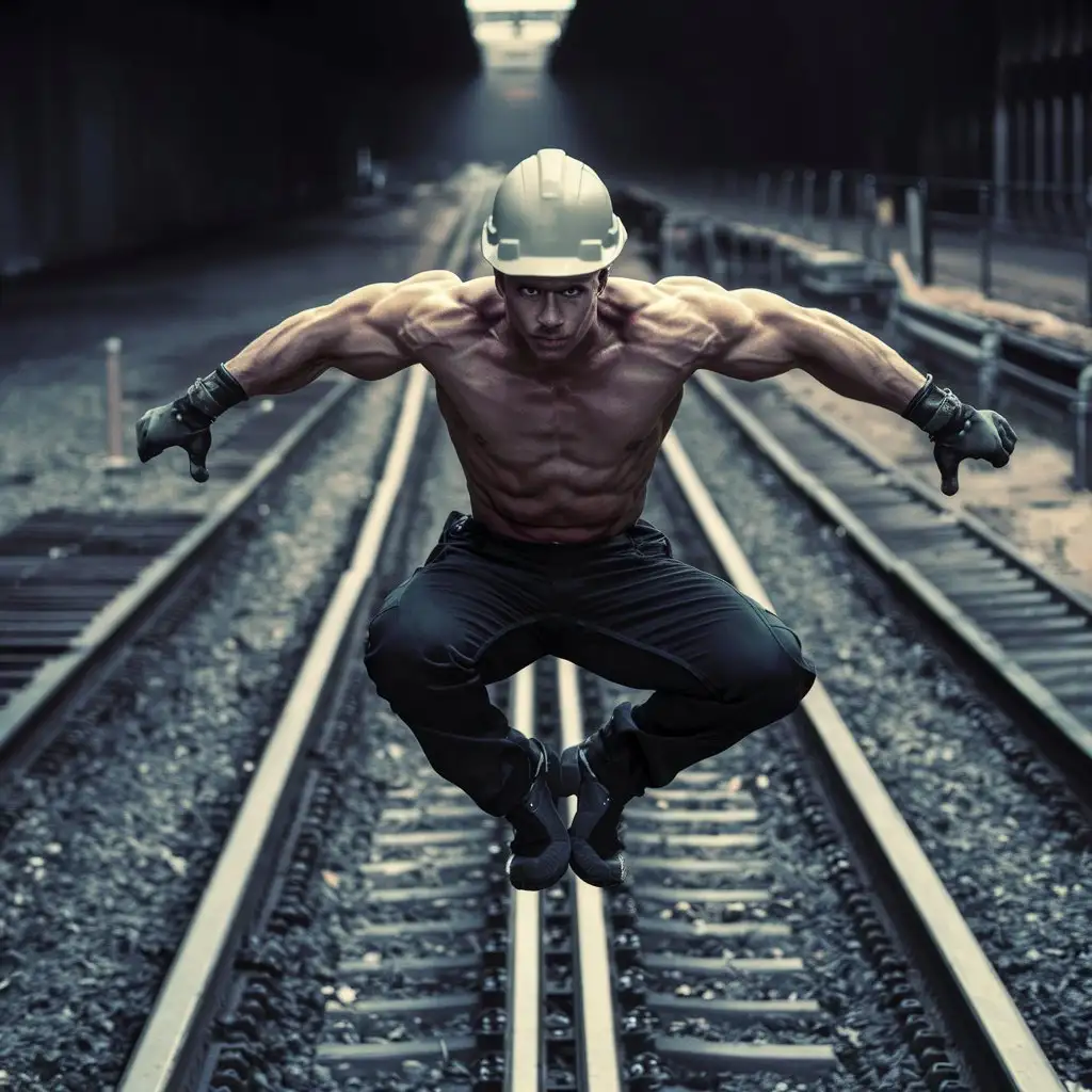Ninja on Train Tracks with Hard Hat and Strong Fitness Regimen