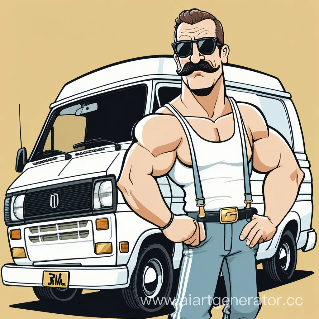 Cartoon-Style-Muscular-Man-with-Mustaches-and-White-Van