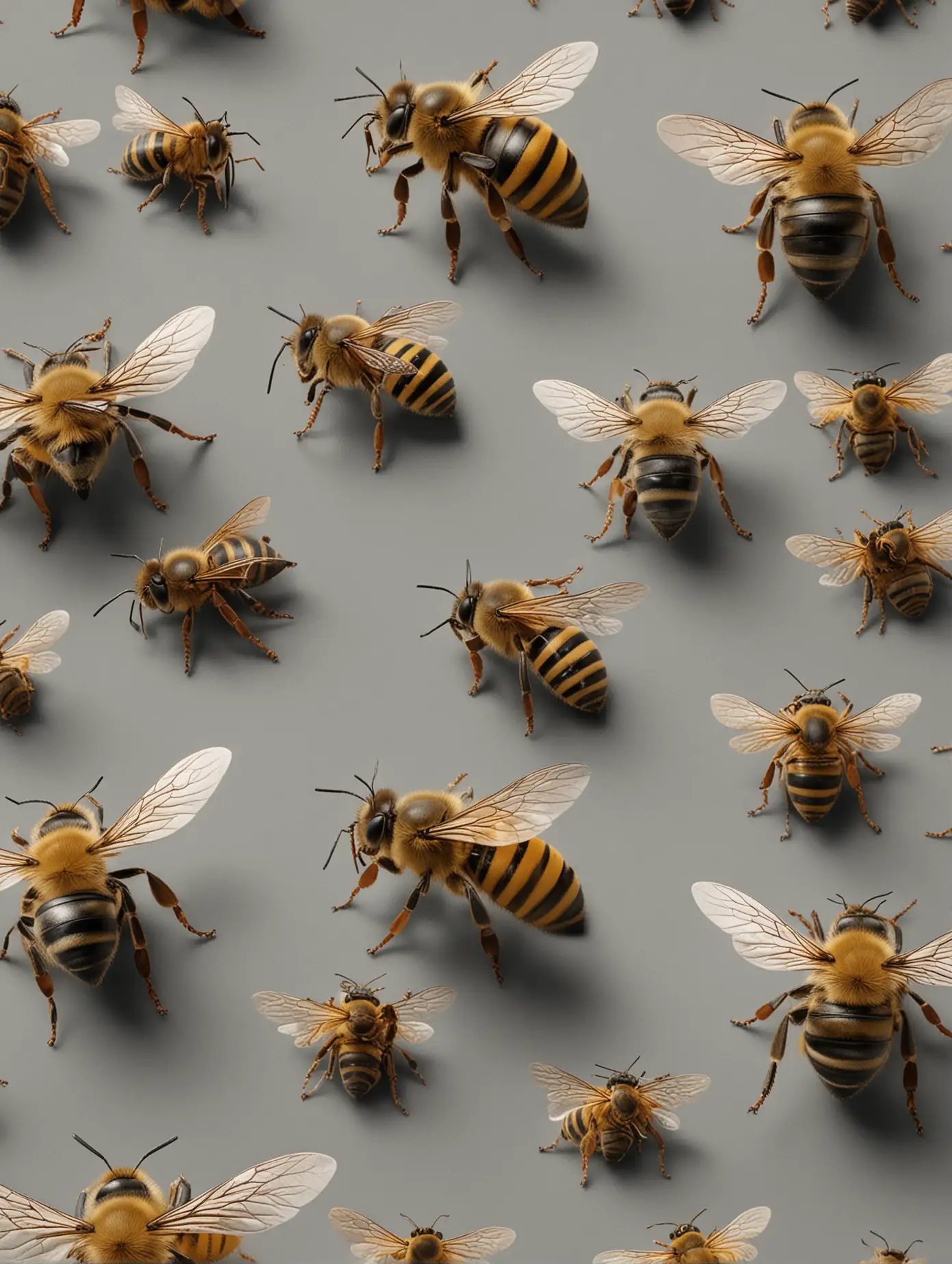 several anatomically correct, photorealistic bees occupy the scene, with a neutral gray background.