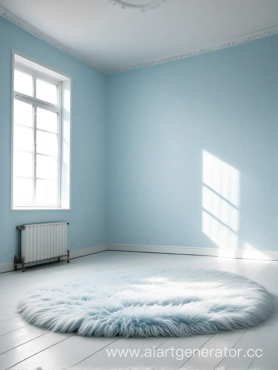 пустая комната в светло-голубом цвете, посередине белый пушистый коврик