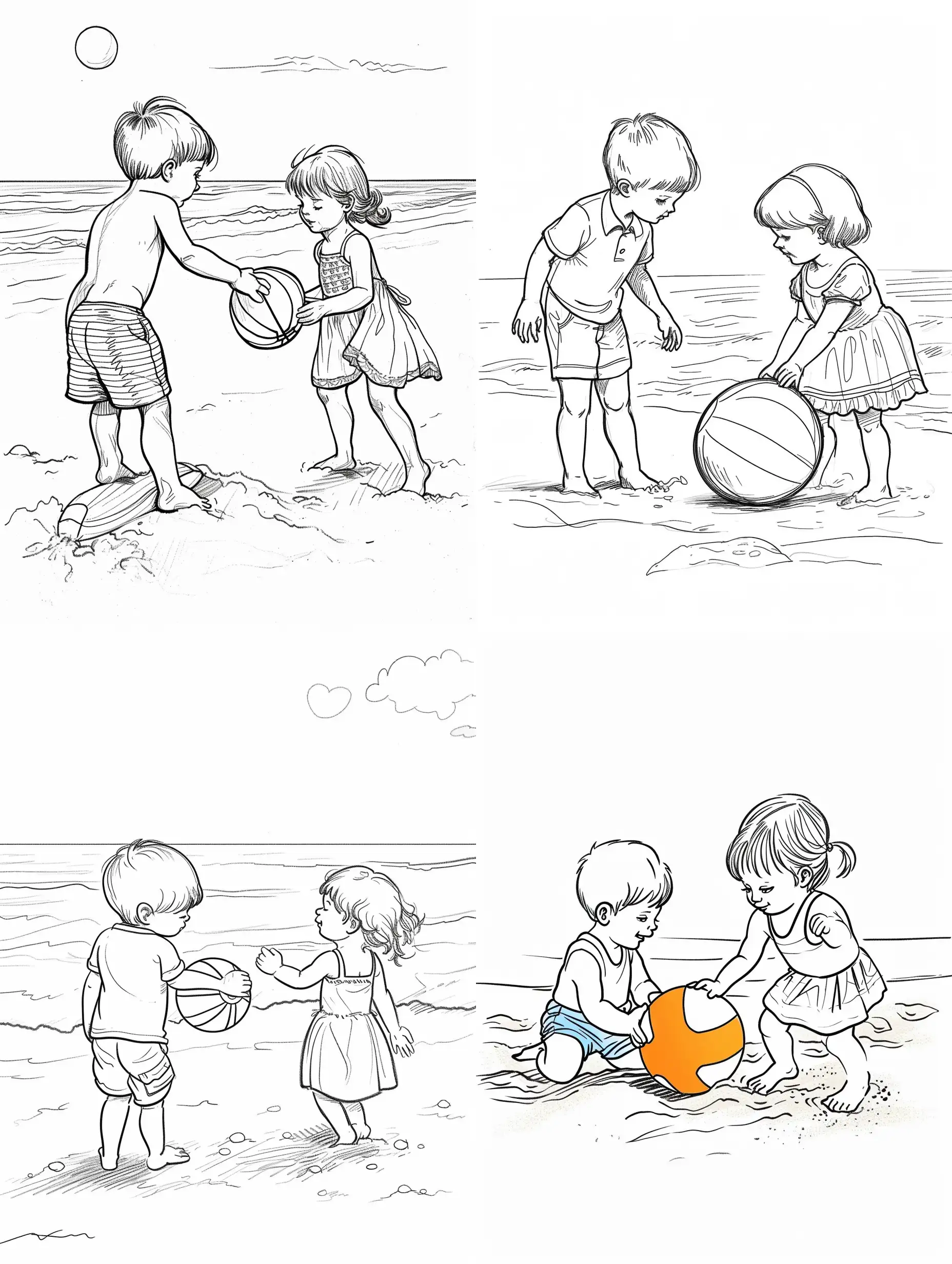 Playful-Beach-Scene-Little-Boy-and-Little-Girl-Enjoying-Beach-Ball-Fun