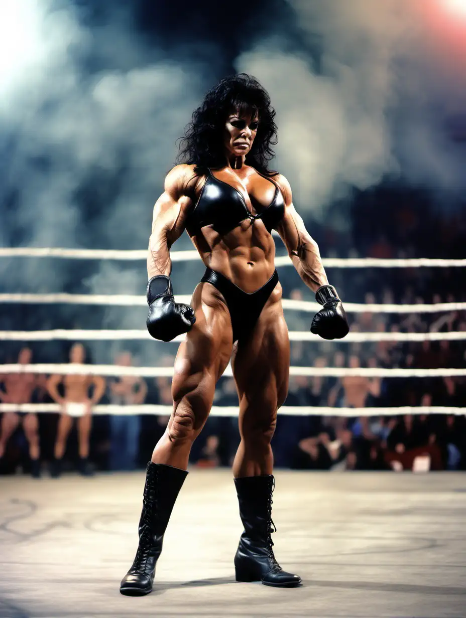 full height female bodybuilder Sondra Faas in ripped condition with curly black hair wearing a black leather bikini standing in a wrestling ring in a large crowded smoke filled arena flexing her muscles with her hands clenched into fists