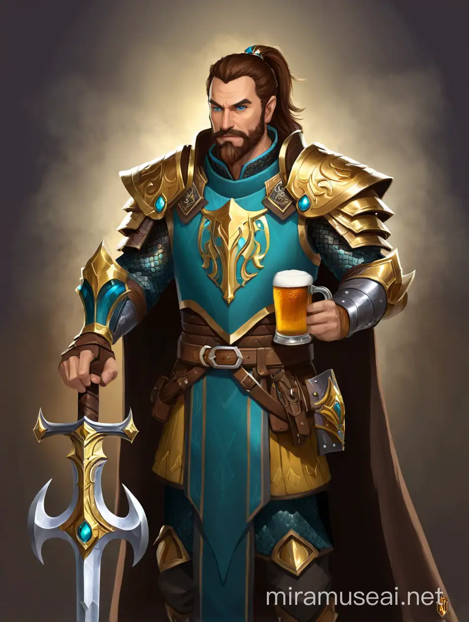 Experienced Male Human Cleric in Gold and Teal Scale Armor with Warhammer and Beer Mug