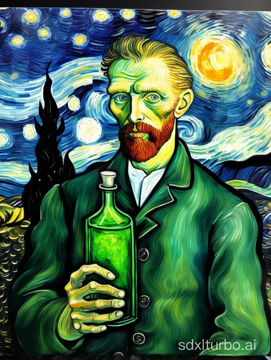 A self portrait of Vincent Vab Gogh holding a large bottle of Absinthe with a glass of green Absinthe in his right hand.Painted in the style of Vincent Van Gogh, with a swilly Starry Starry night sky.