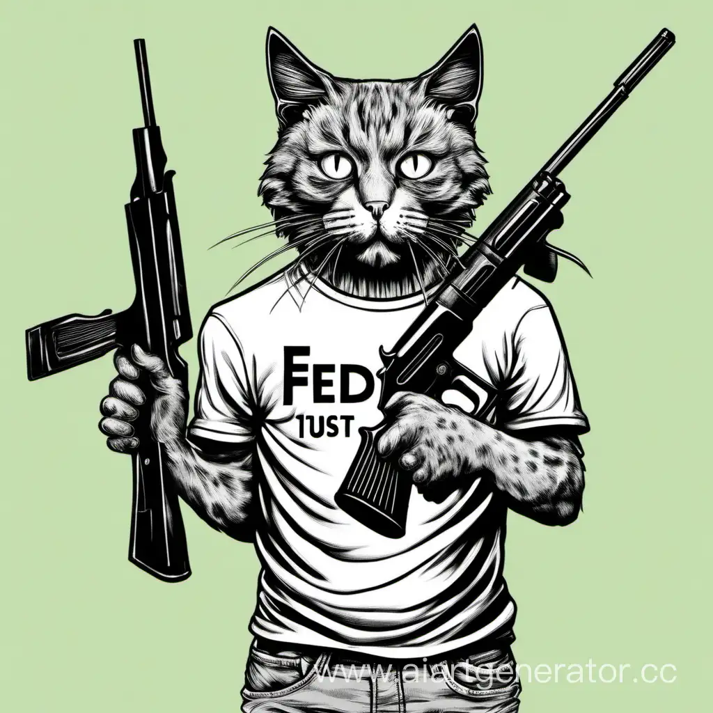 Кот в футболке с надписью ФЕДЯ держит дробовик 