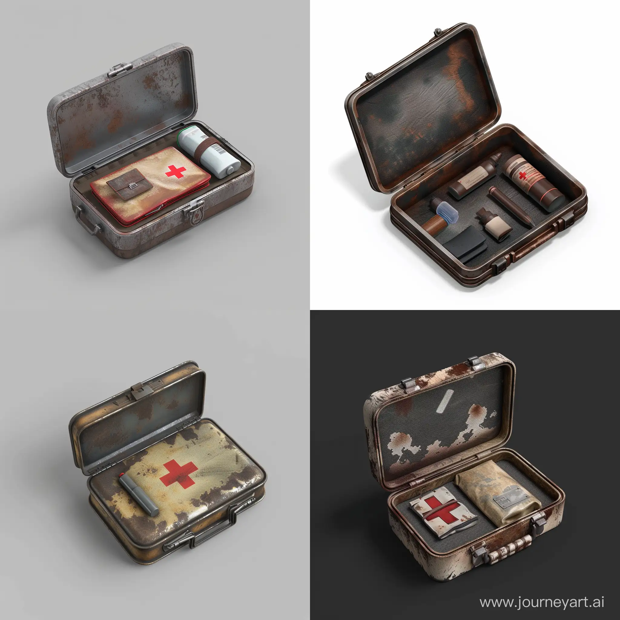 isometric realistic mini very small simple opened survival kit in realistic worn metal case, 3d render, stalker style, less details, hunting first aid, hygiene