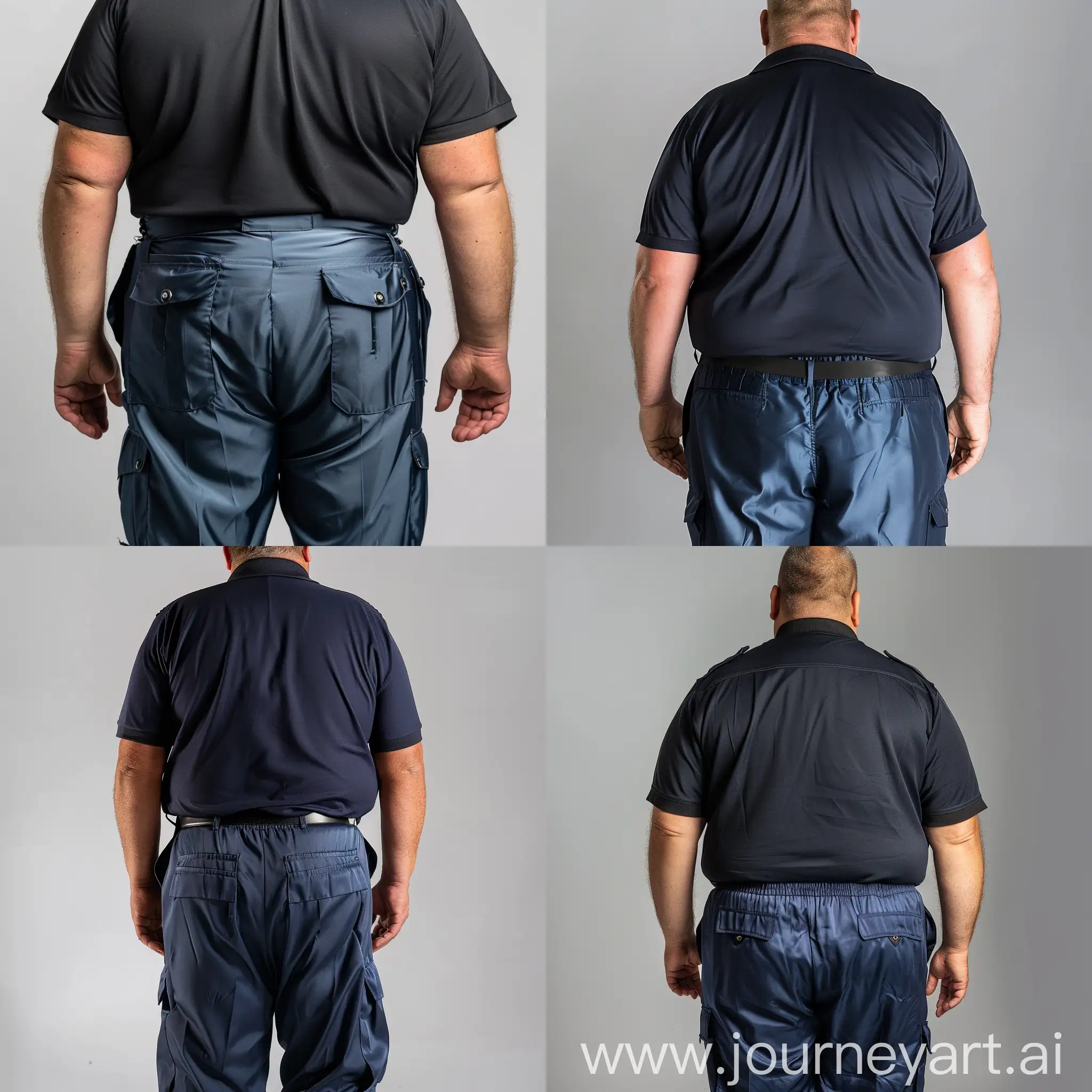Back view close-up photo of a fat man aged 60 wearing a silk blue security guard battle pants and a tucked in silk black polo shirt
