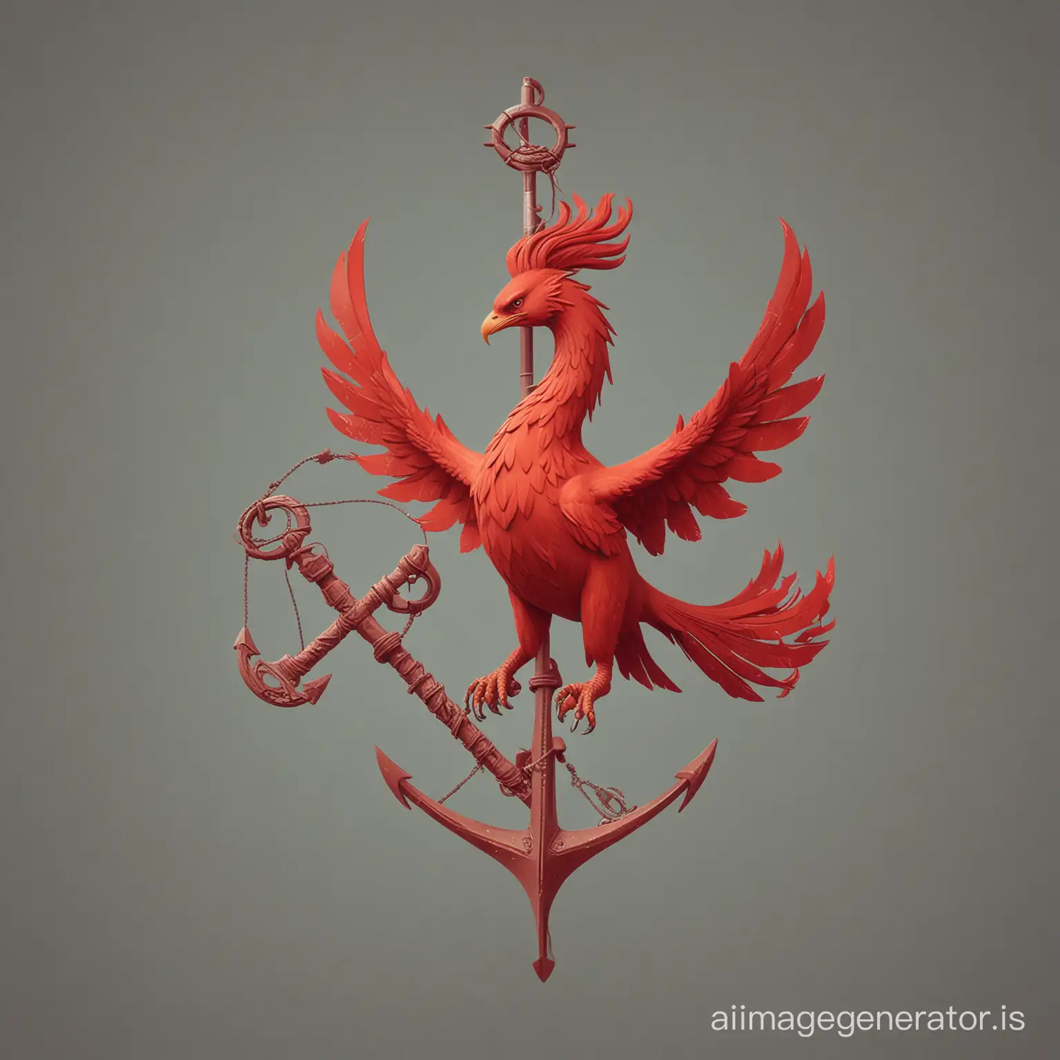 A minimalistic red phoenix holding an anchor