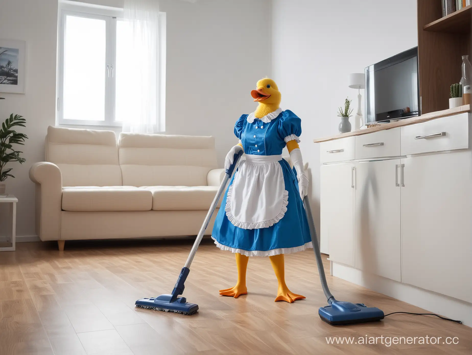 Quaint-Duck-Maid-Vacuuming-in-Cozy-Apartment