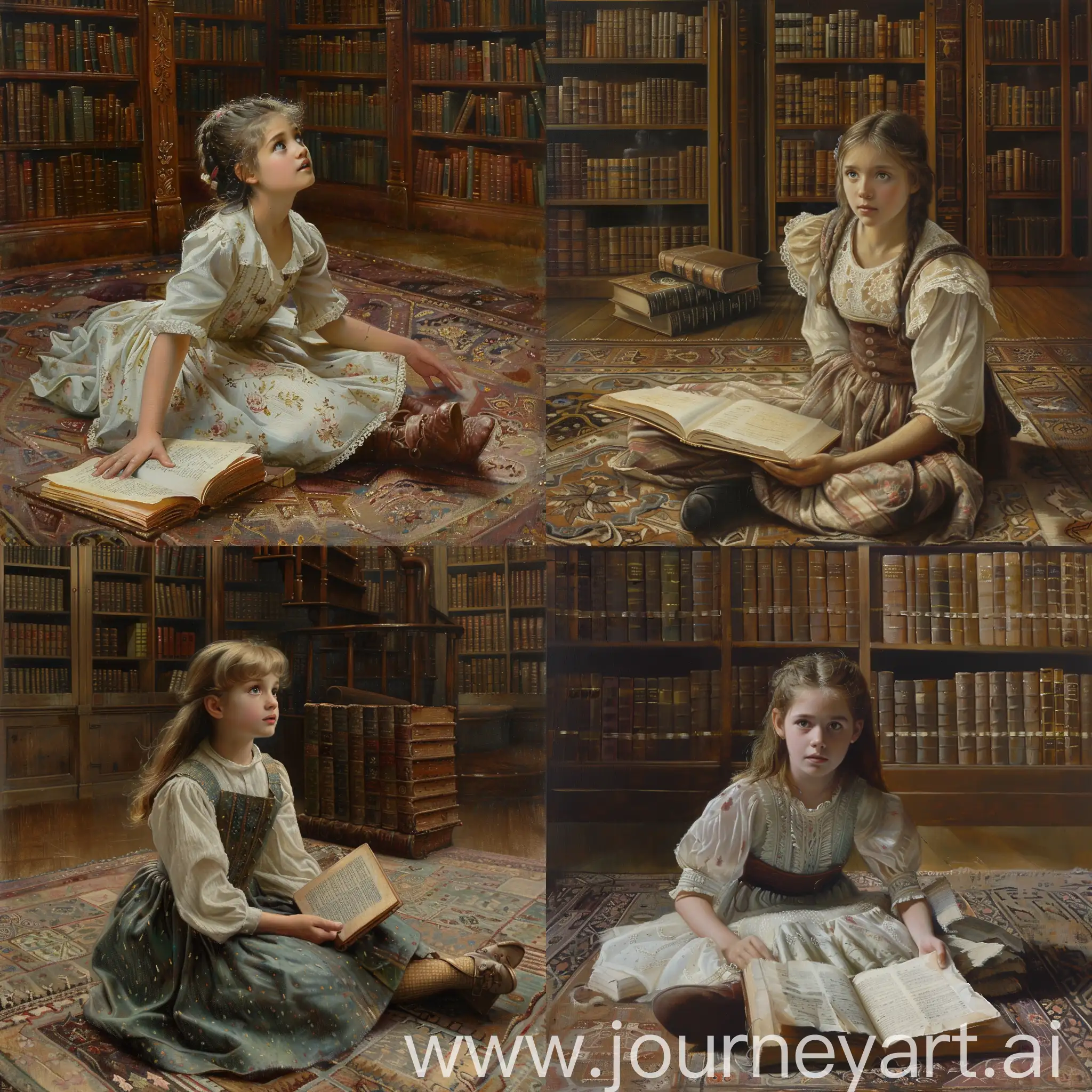   oil painting, scene of the 19th century, young Girl sitting on the floor with an open book, in the background is an old library