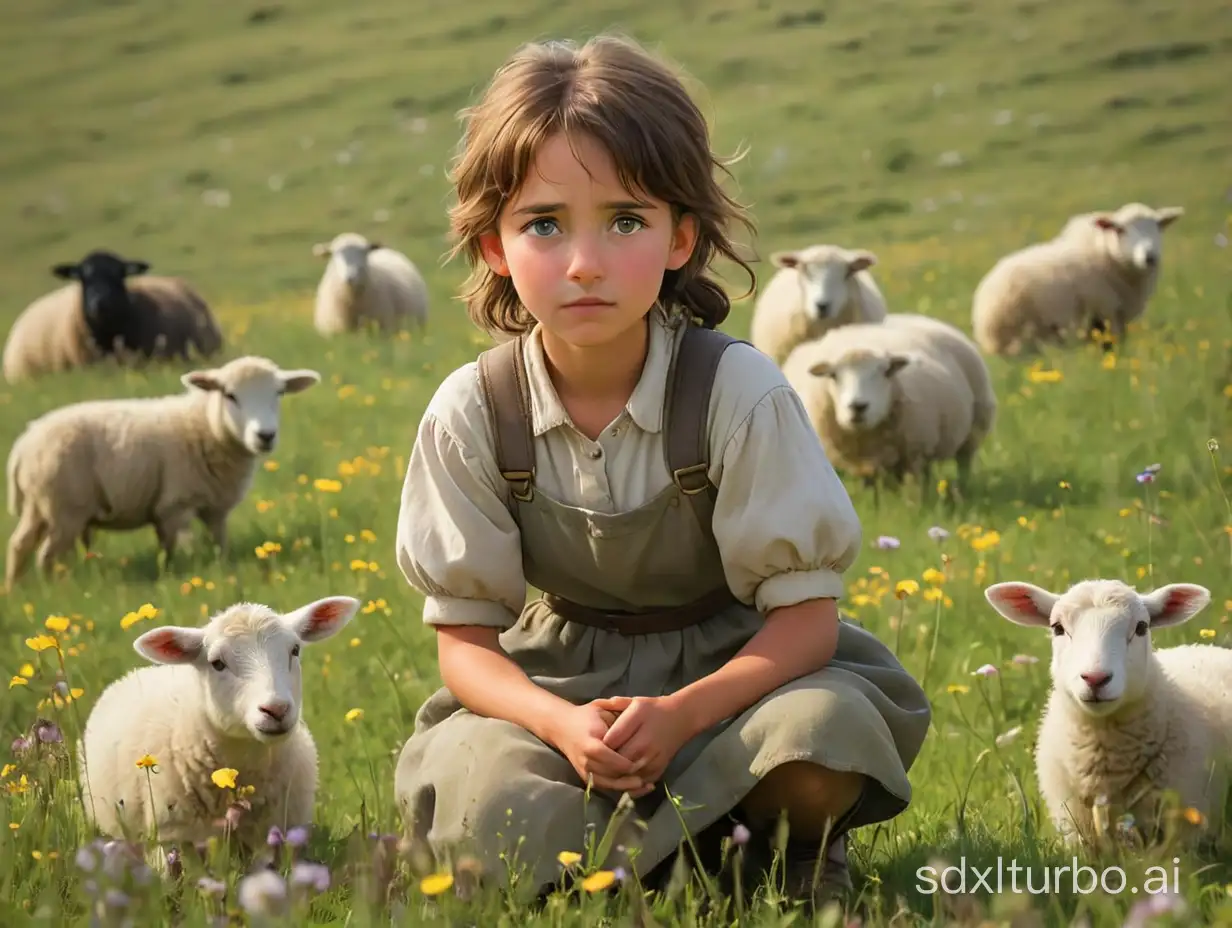 A young shepherdess with a peaceful expression kneels in a field of wildflowers, surrounded by grazing sheep.