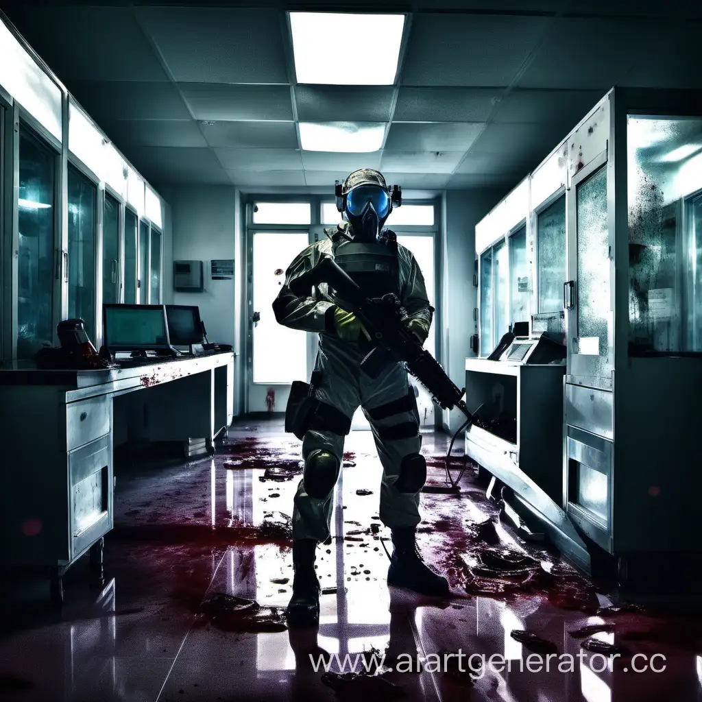 Biochemical-Scientist-with-AR15-in-Laboratory-Corridor-Amidst-Chaos