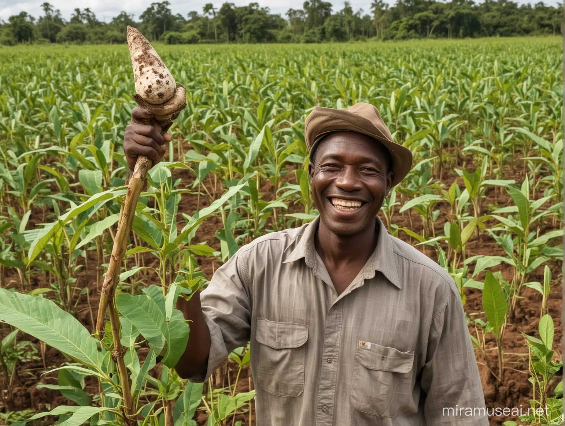 Proud Cassava Farmer in Lush Field with Harvest