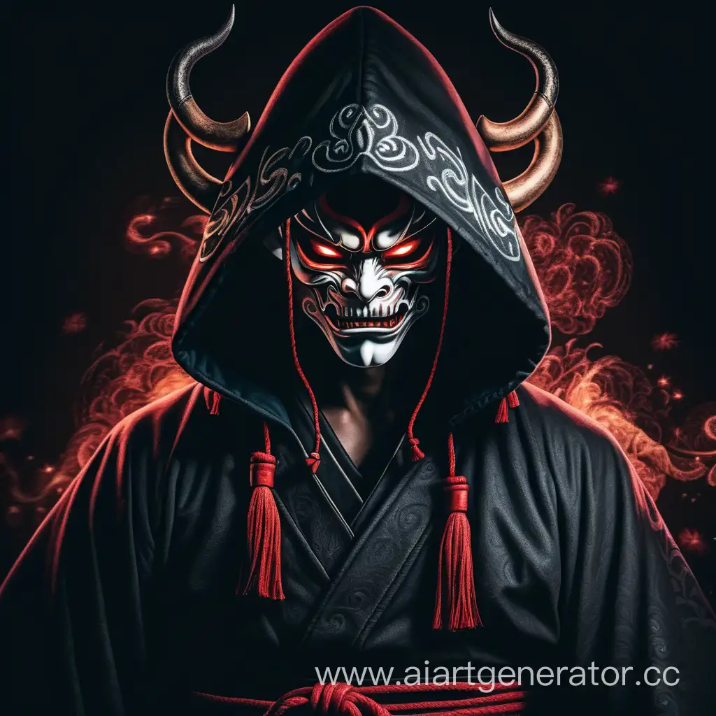 парень в маске японского демона и капюшоне задний фон черный с эффектами магии а одежда выполнена в стиле средневекового мага 