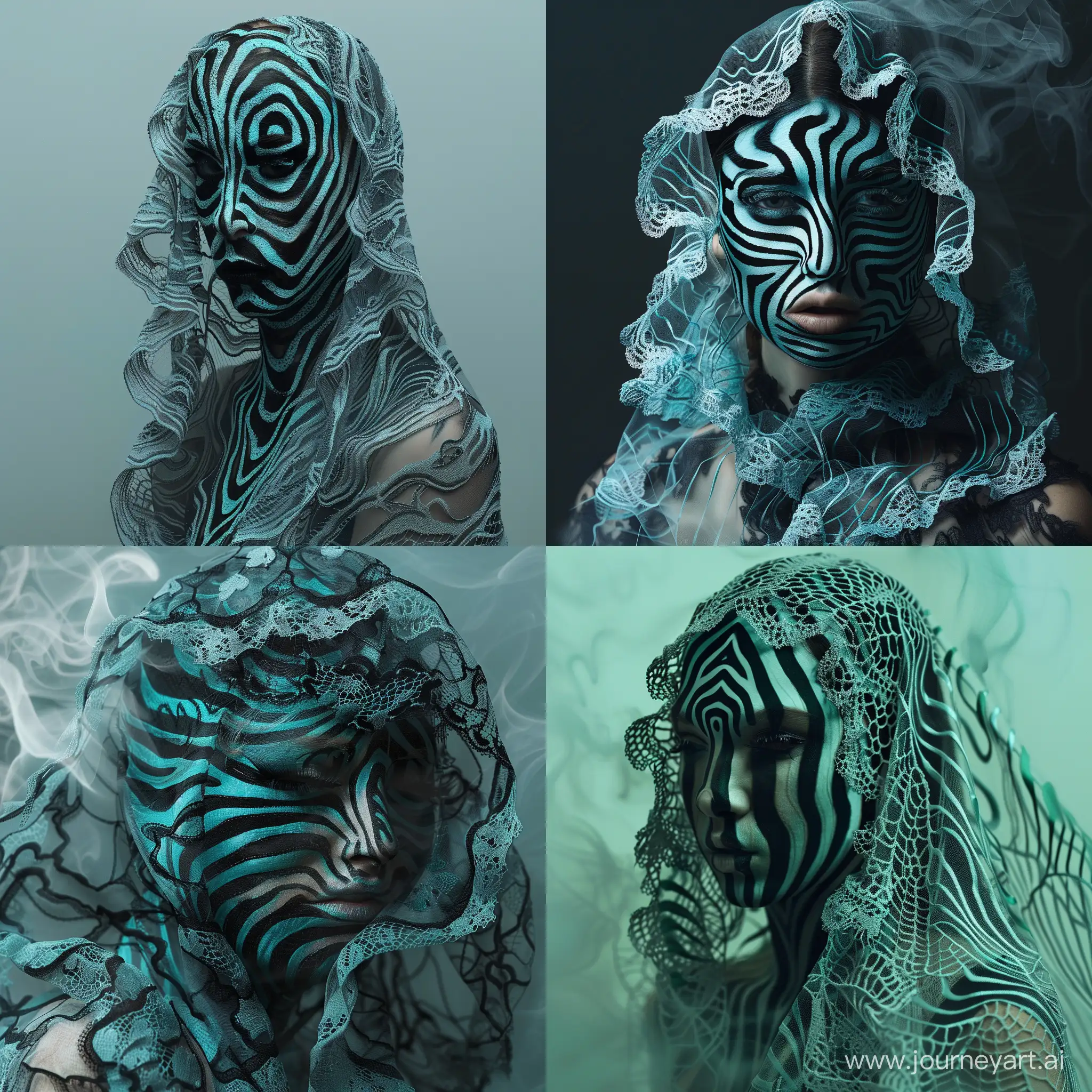 Surrealistic portrait of a particularly beautiful and attractive woman in a lacy smoky veil whose face is composed of black and turquoise lines like a zebra, grotesque, psychedelic, emotion. V6