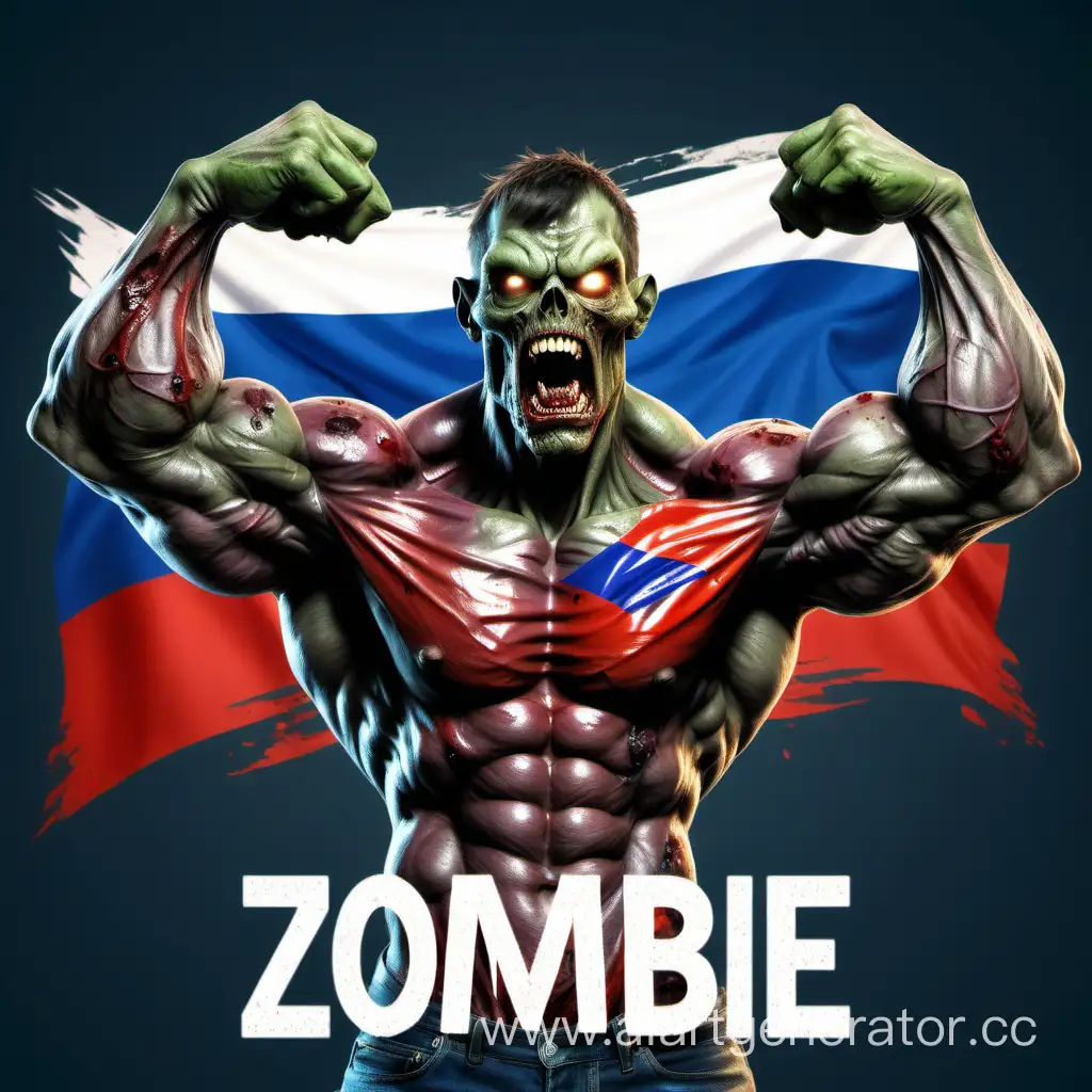 Супер накаченный зомби с гигантскими мускулами на фоне флага России в майке с надписью Z