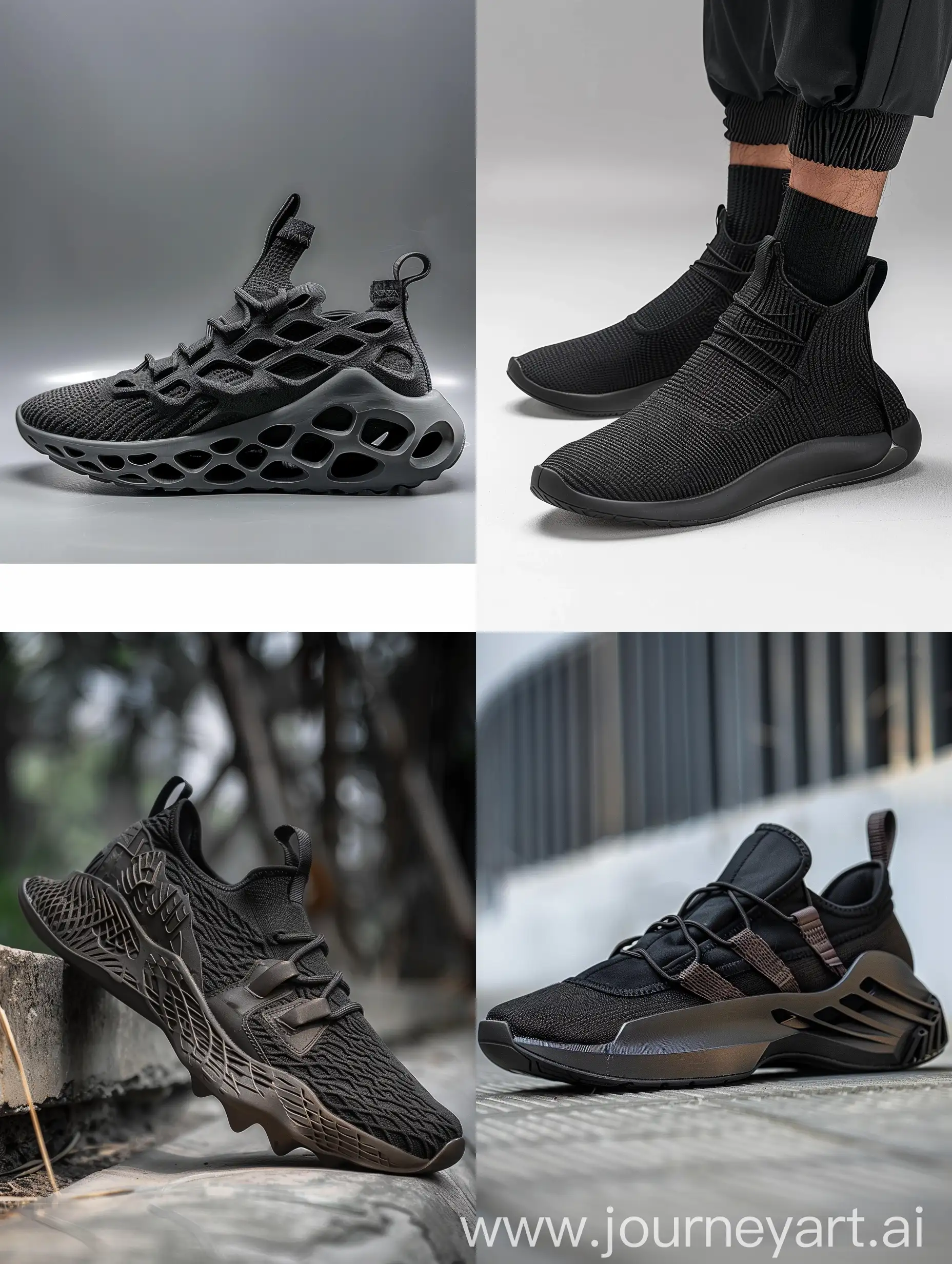 Design sneakers , no laces , ancient Egypt inspiration , 3d printed , color black , can add intire socks to it , futuristic design , breathable , chunky