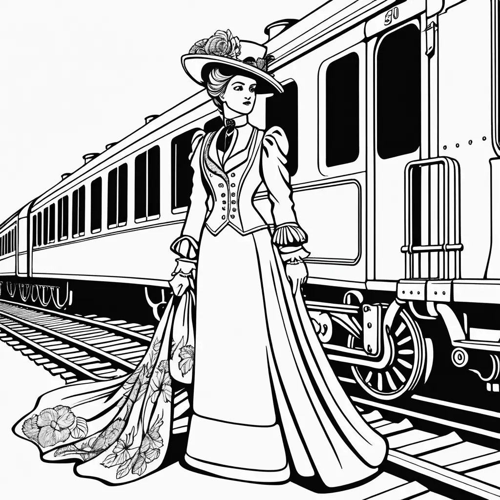 Vintage Woman Coloring Page by Train