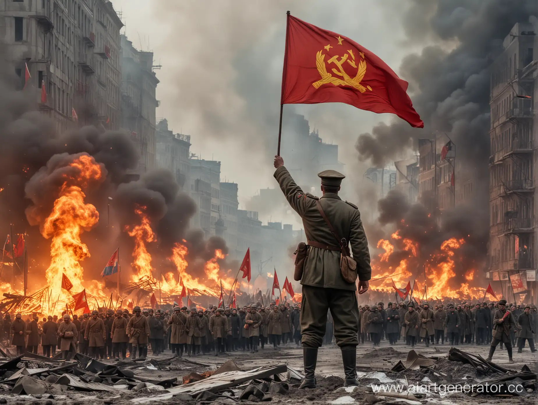 Город в огне, в центре стоит советский солдат держа в руках флаг ссср направляя войско в бой
