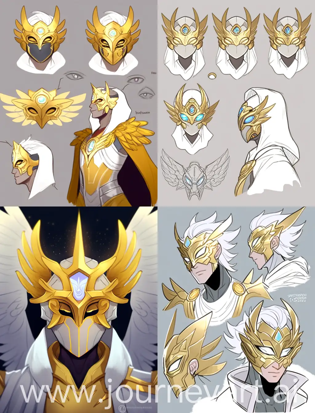 concept art reference, comics style angel lord, silver eyesles mask, glow eyes, humanization, in science coat, gold mask, portrait sheet