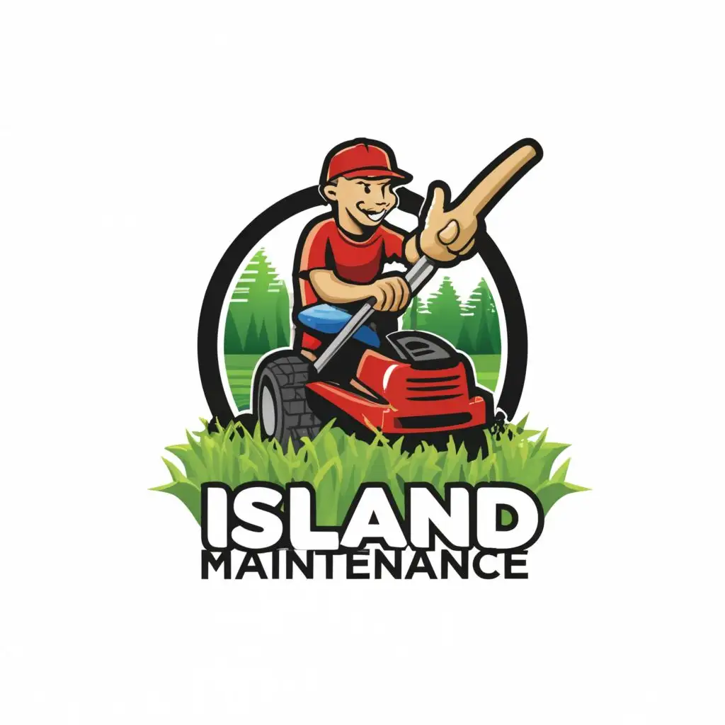a logo design,with the text "Island Maintenance", main symbol:a lifelike zero turn lawn mower with a character on with gloves and a backwards hat pointing his finger and grass flying all around him