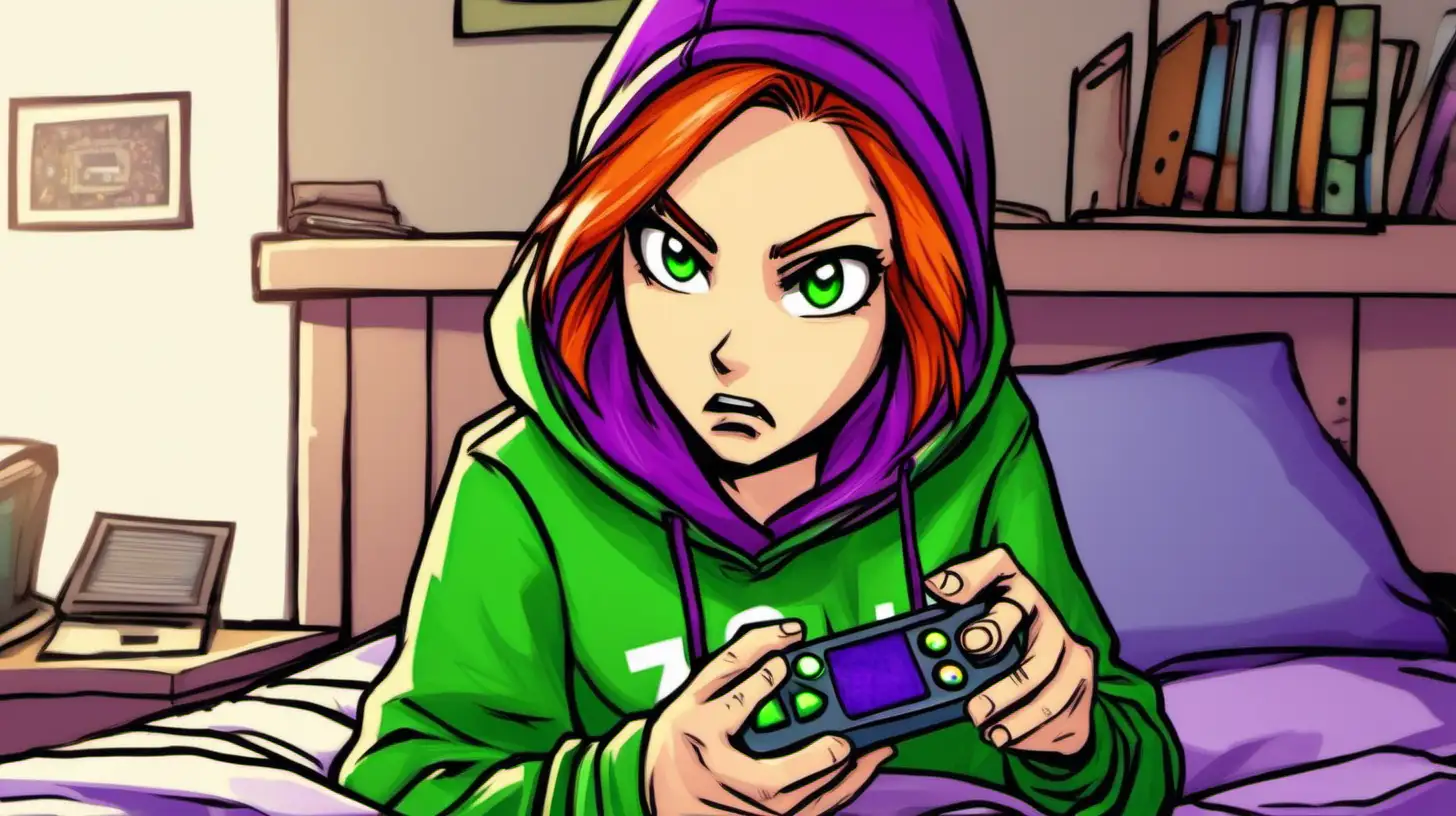 Vivian James Expresses Gaming Frustration in Stylish Green and Purple Hoodie