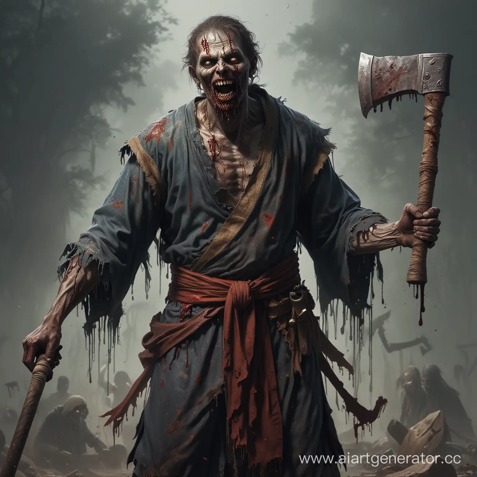 Ancient-Zombie-With-Axe-Dressed-in-Historical-Clothing-and-Bleeding-Eyeless-Smile