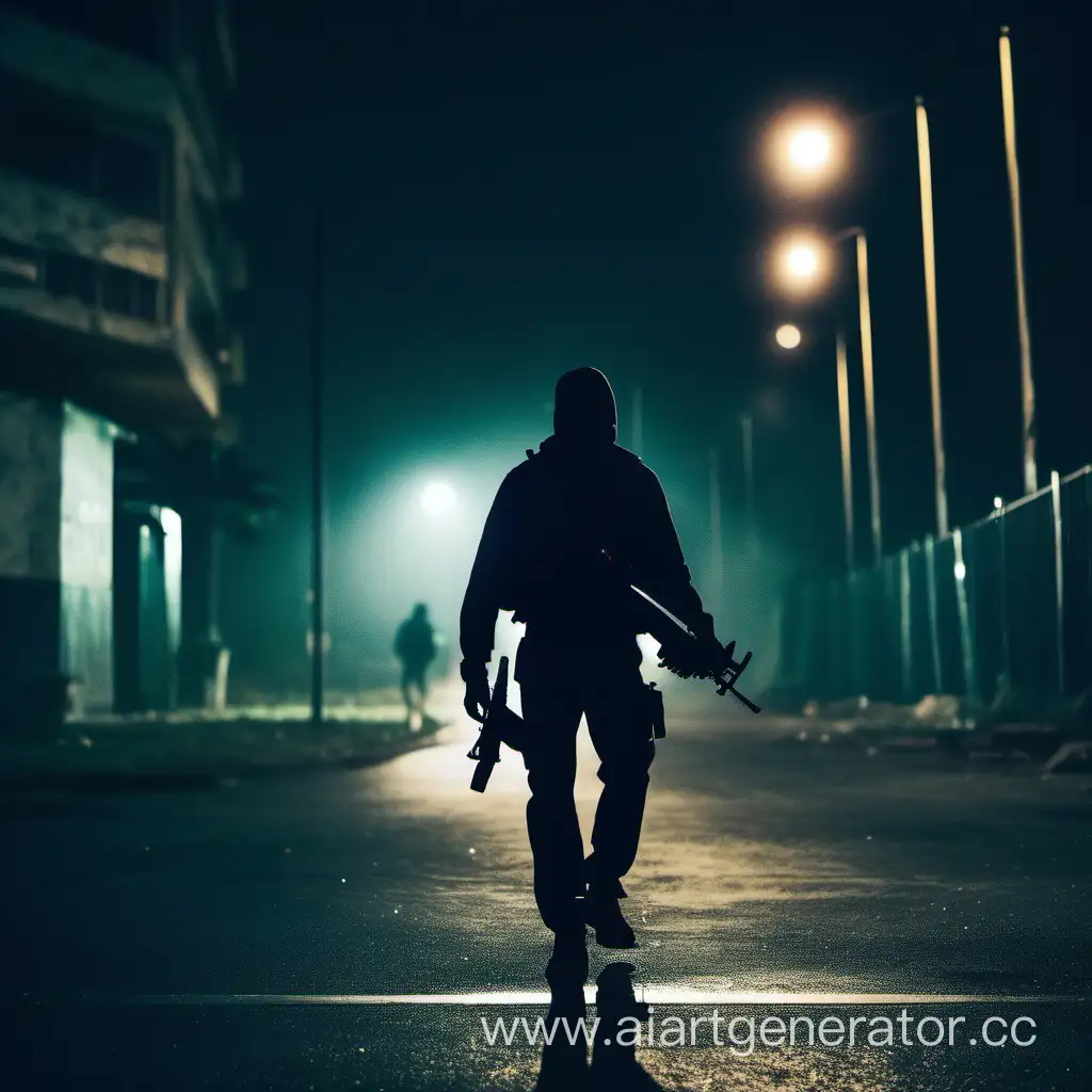 man walking away at night with mp5 submachine gun
