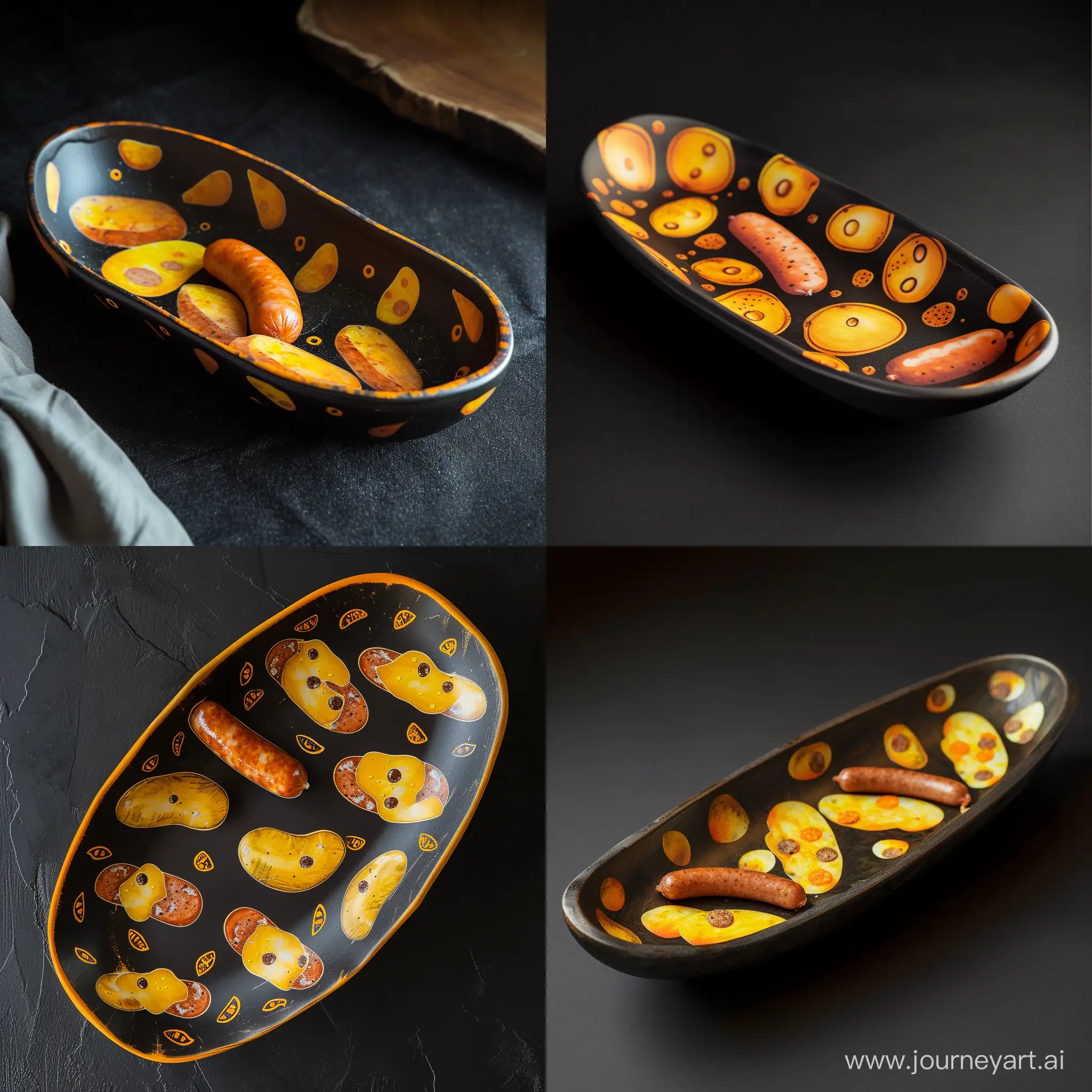 An empty Potato dish with a design on it with a beautiful matte black background. Small pictures of sausages and potatoes are designed on it in yellow and orange colors.