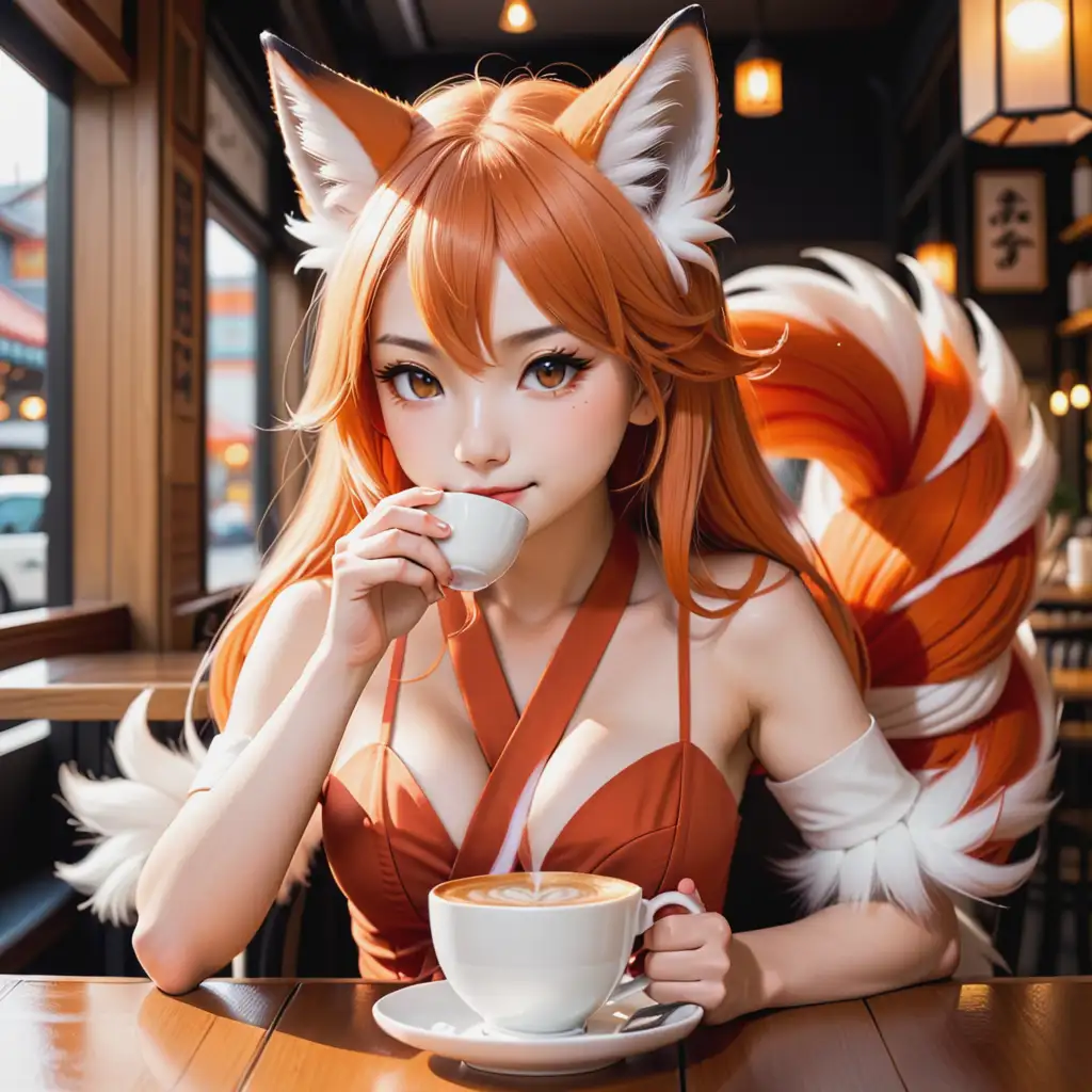 A petite female kitsune with nine tails. She is sat in a cafe drinking a cup of steaming coffee