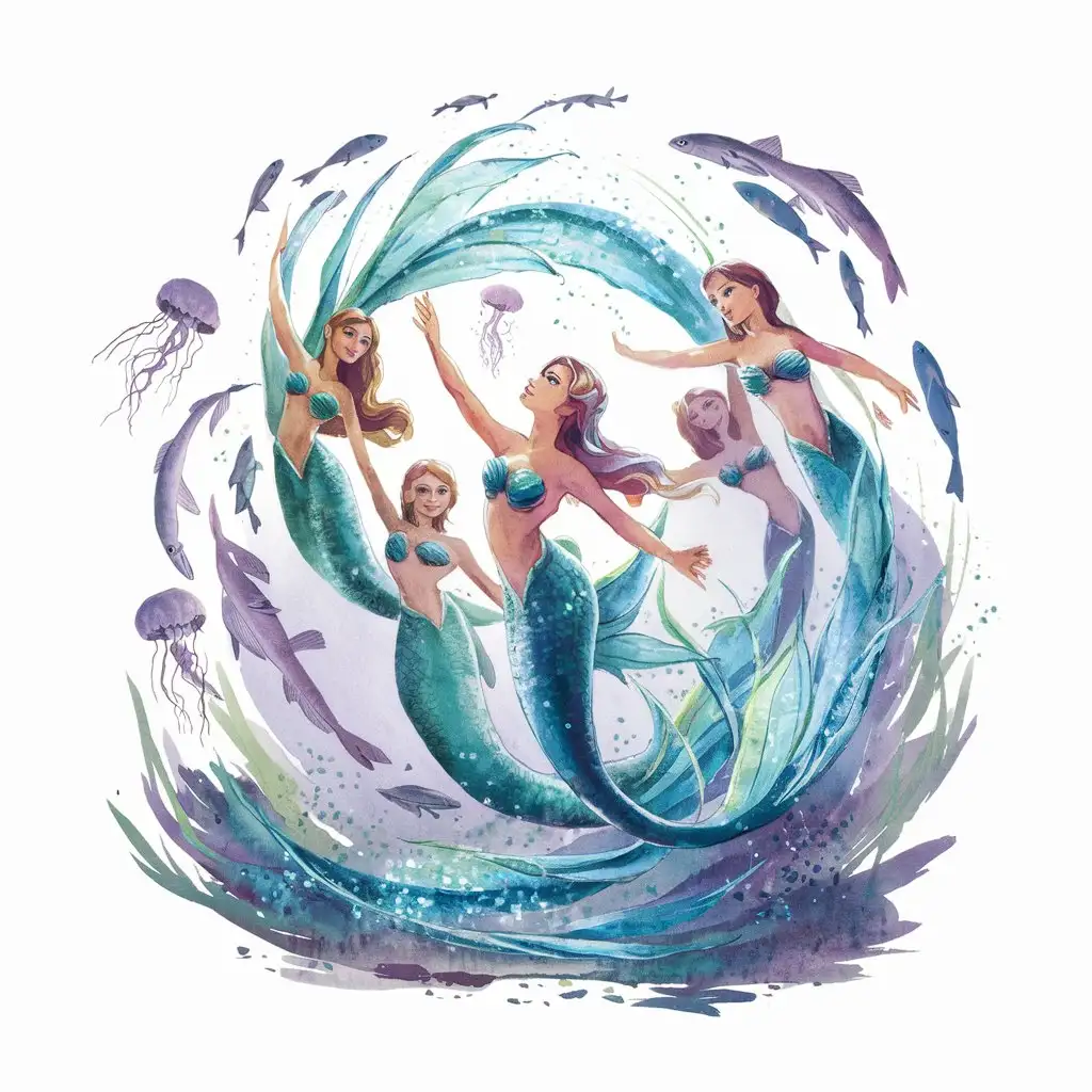 
A graceful design featuring mermaids performing an elegant underwater ballet surrounded by schools of fish, graceful jellyfish. Watercolour painting artwork beautiful magical enchantment welcoming friendly. White background

