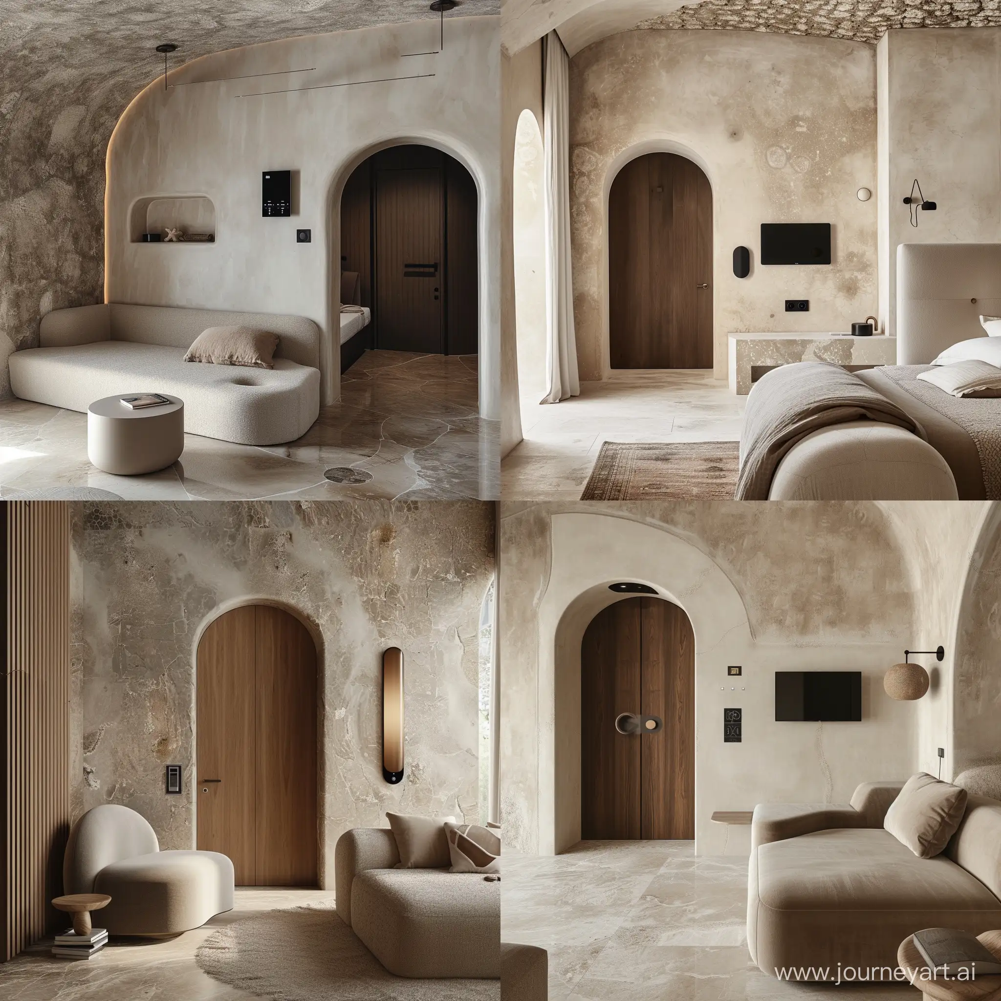 Camera da letto Arredamento curvo Colori della terra  porta Arco Dispositivi smart homes Superfici pietra naturali
