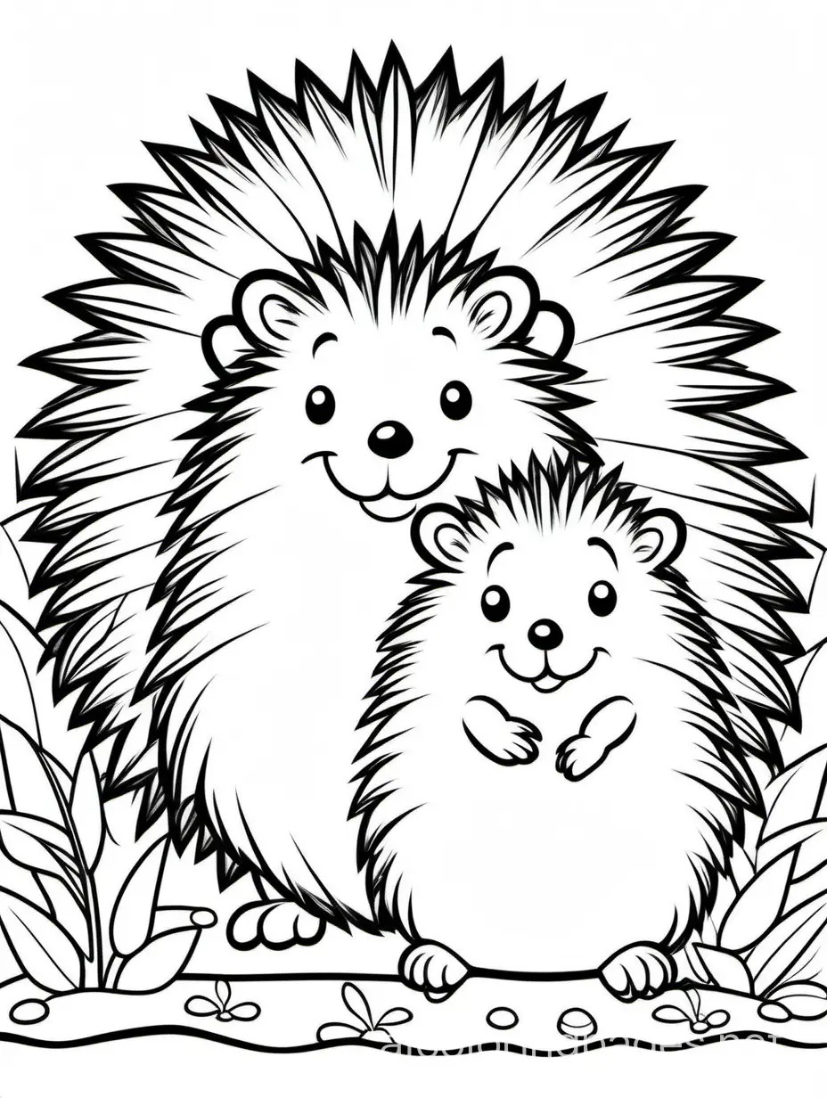 cute Hedgehog  with his baby for kids easy for coloring, Coloring Page, black and white, line art, white background, Simplicity, Ample White Space. The background of the coloring page is plain white to make it easy for young children to color within the lines. The outlines of all the subjects are easy to distinguish, making it simple for kids to color without too much difficulty