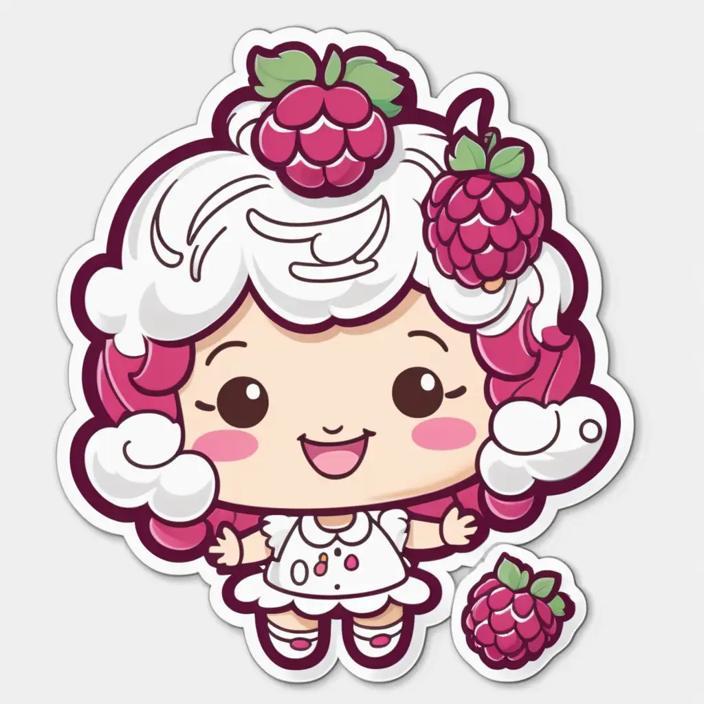 Cheerful KAWAII Raspberry Shortcake with Whipped Cream Hair Food Illustration