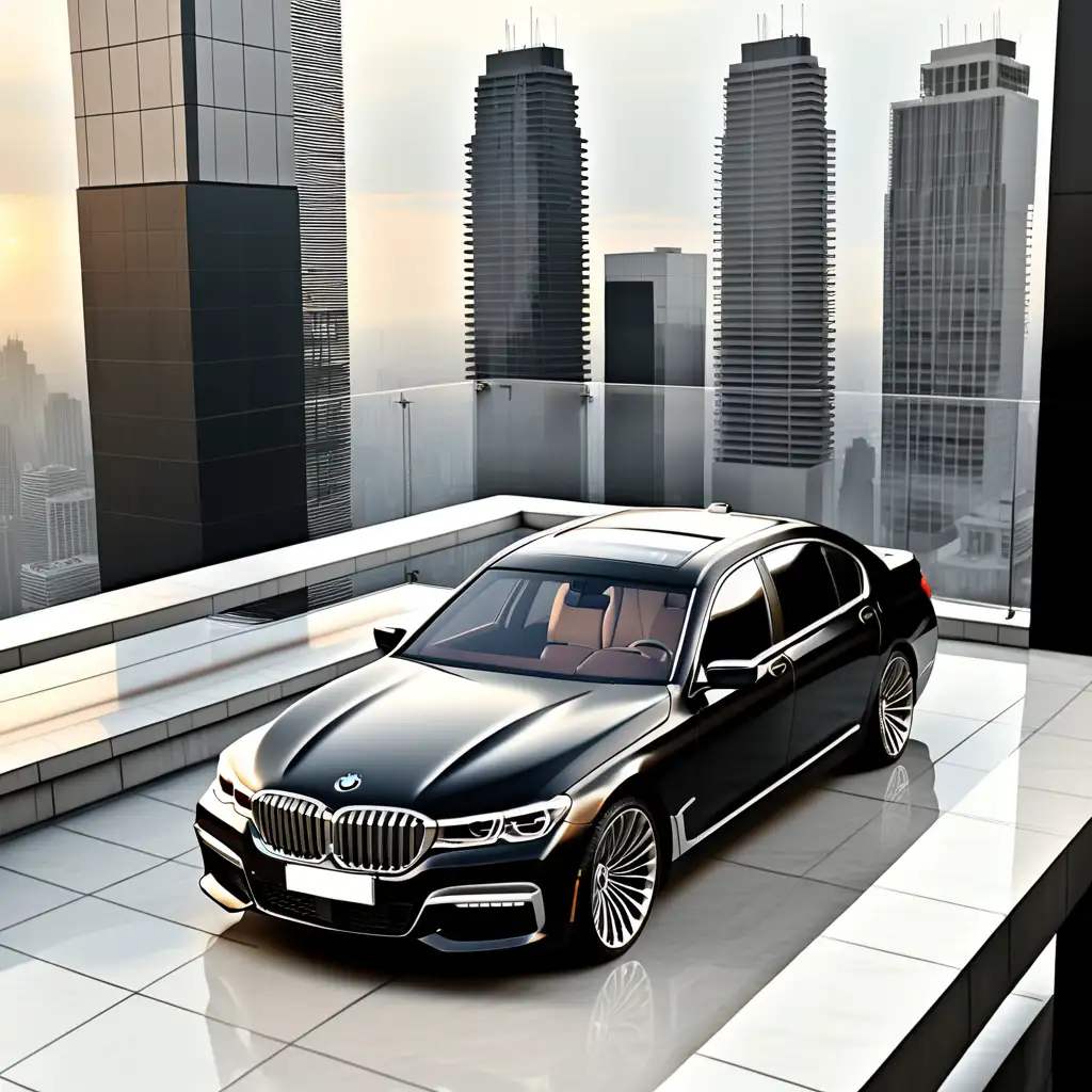 Luxurious 2019 Black BMW 7 Series Parked on Top Floor of HighRise Building