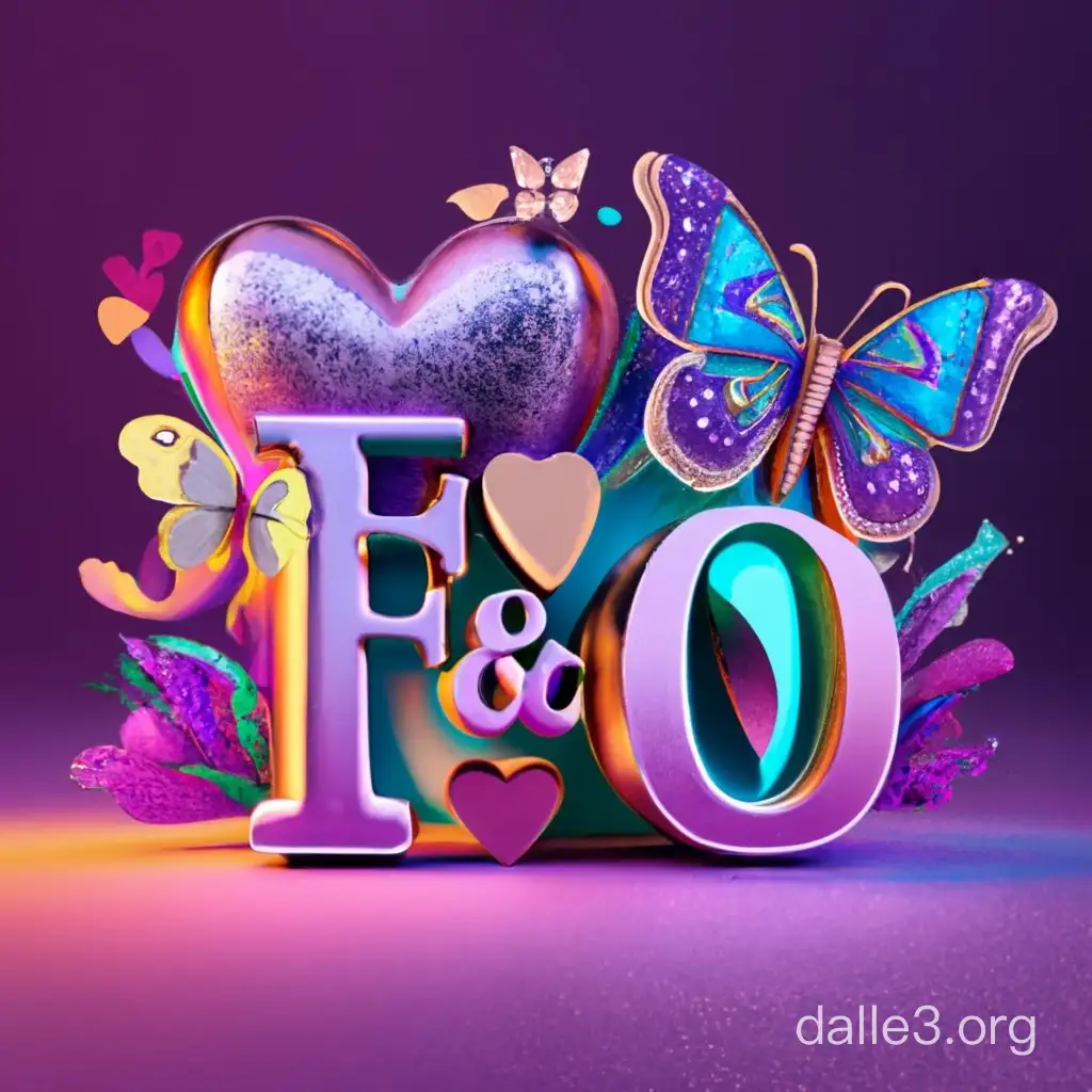 Name "F & O" 3D metallic purple glitter with metallic purple heart, metallic purple butterfly, metallic purple peal. Everything in front 3D rendering, typography, 3d render, poster, fashion