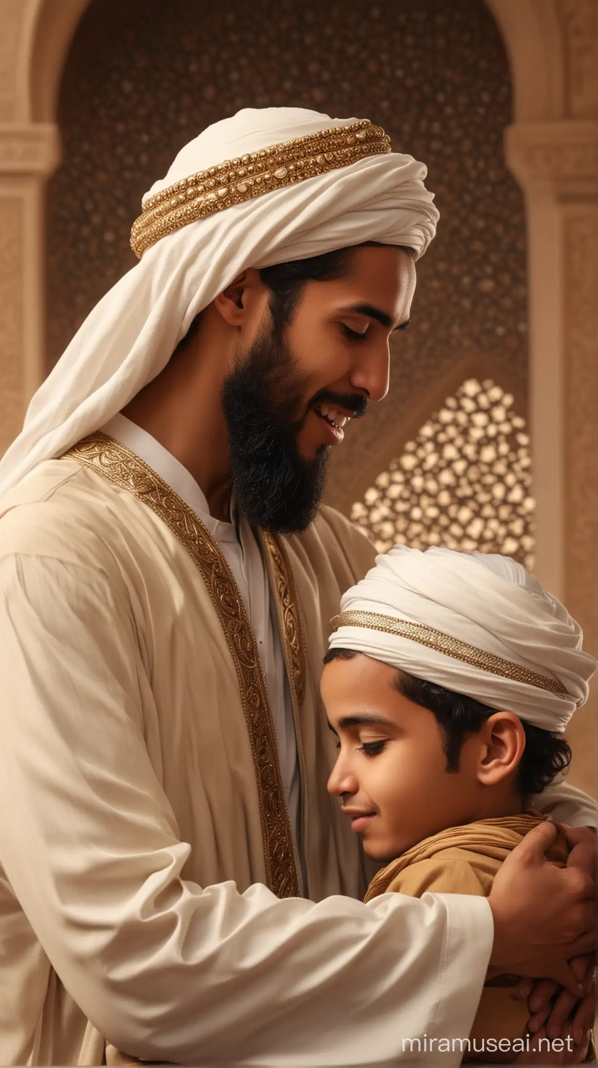 Subject: Prophet Muhammad embracing Zayd ibn Harithah as his son, symbolizing their bond and the breaking of social barriers.
Style: Warm and inviting, with a focus on the emotions of joy and acceptance., islamic tradition and HD , 4K ,backgound must be islamic