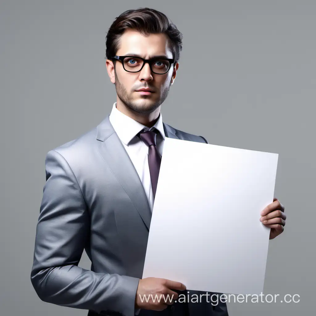 Photorealistic, man in office, office strict clothes, strict glasses, holding a poster with white background in his hands, ultra clear, HD, unreal engine, hyper realistic, product photography style, ultra hd