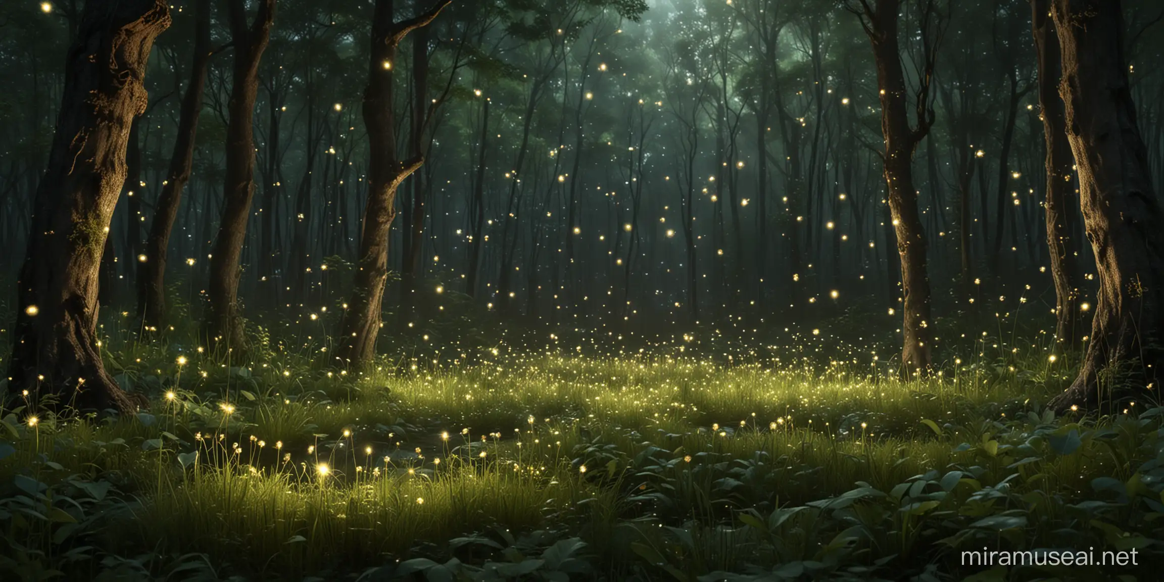Create an image where the small luminous spheres mimic fireflies in an enchanted forest, radiating a soft and magical glow throughout the scene. very small fairies flying, wide screen