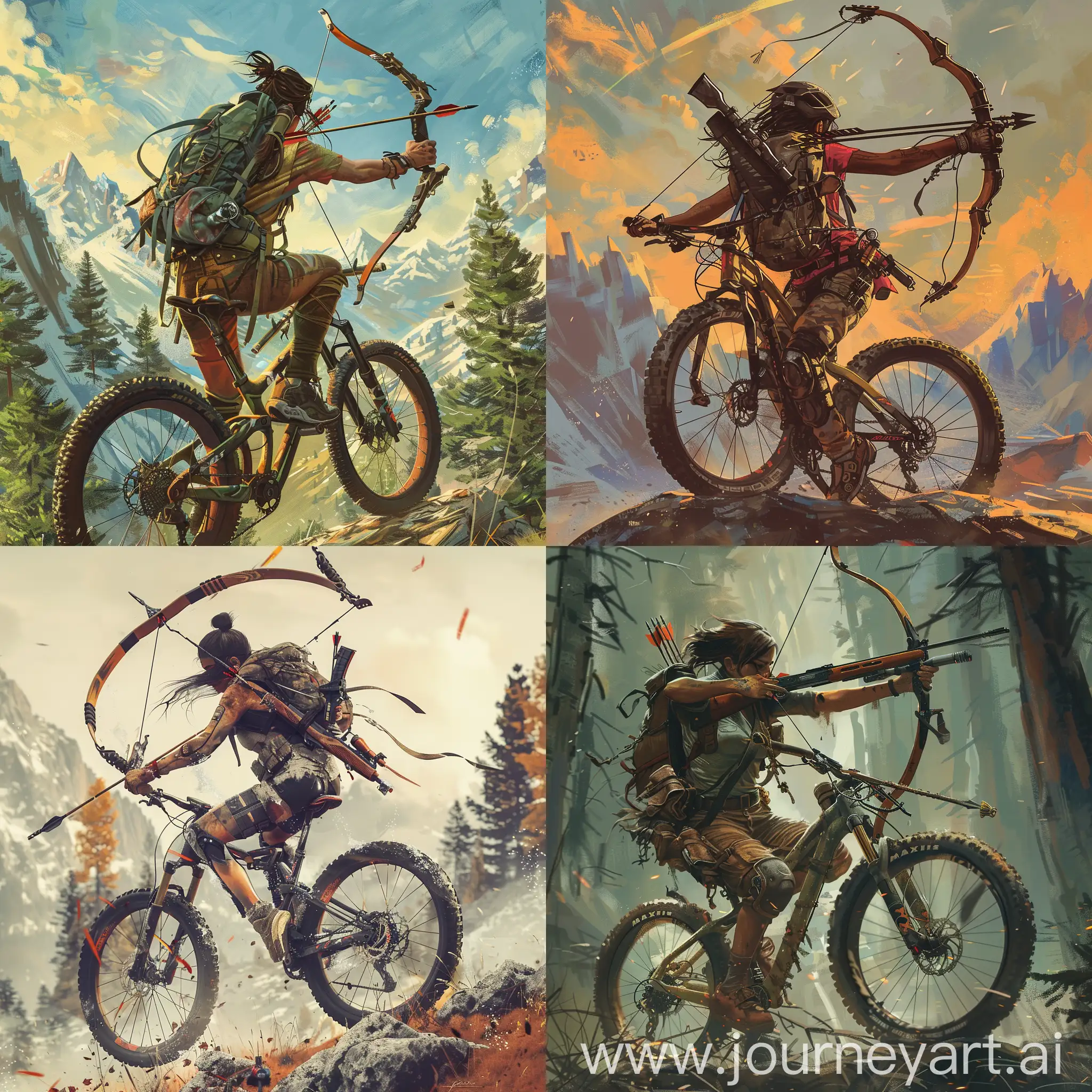 Outdoor-Sports-Enthusiast-with-Bow-and-Rifle-on-Mountain-Bike
