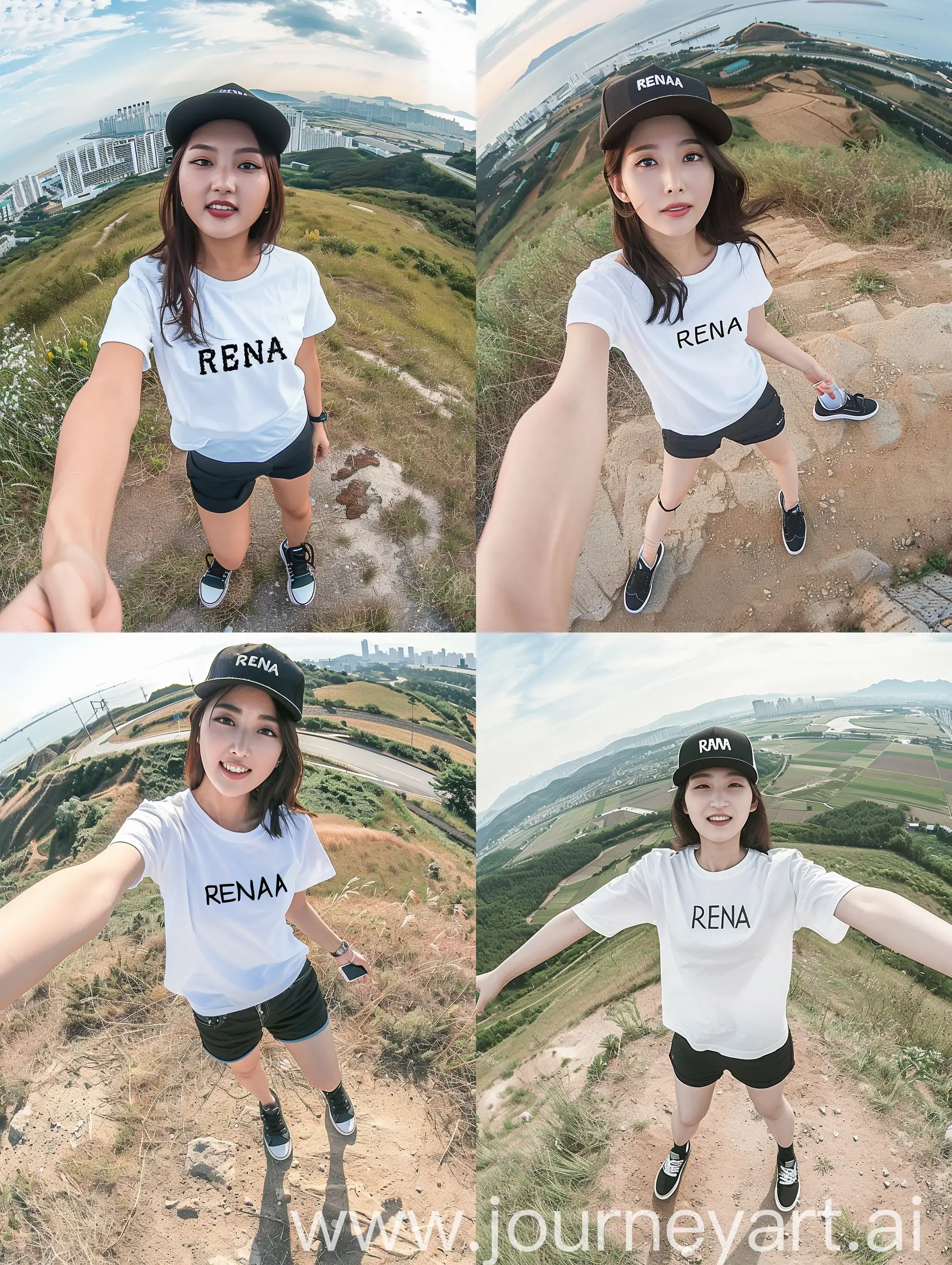 a 25 year old native Korean woman wearing a white t-shirt with the name "RENA" written on it. black sneakers, shorts, snap back hat, selfie on top of the hill, background at the top of the hill, and view from above, fish eye camera shots, the best professional photographer images, everything looks very realistic and amazing