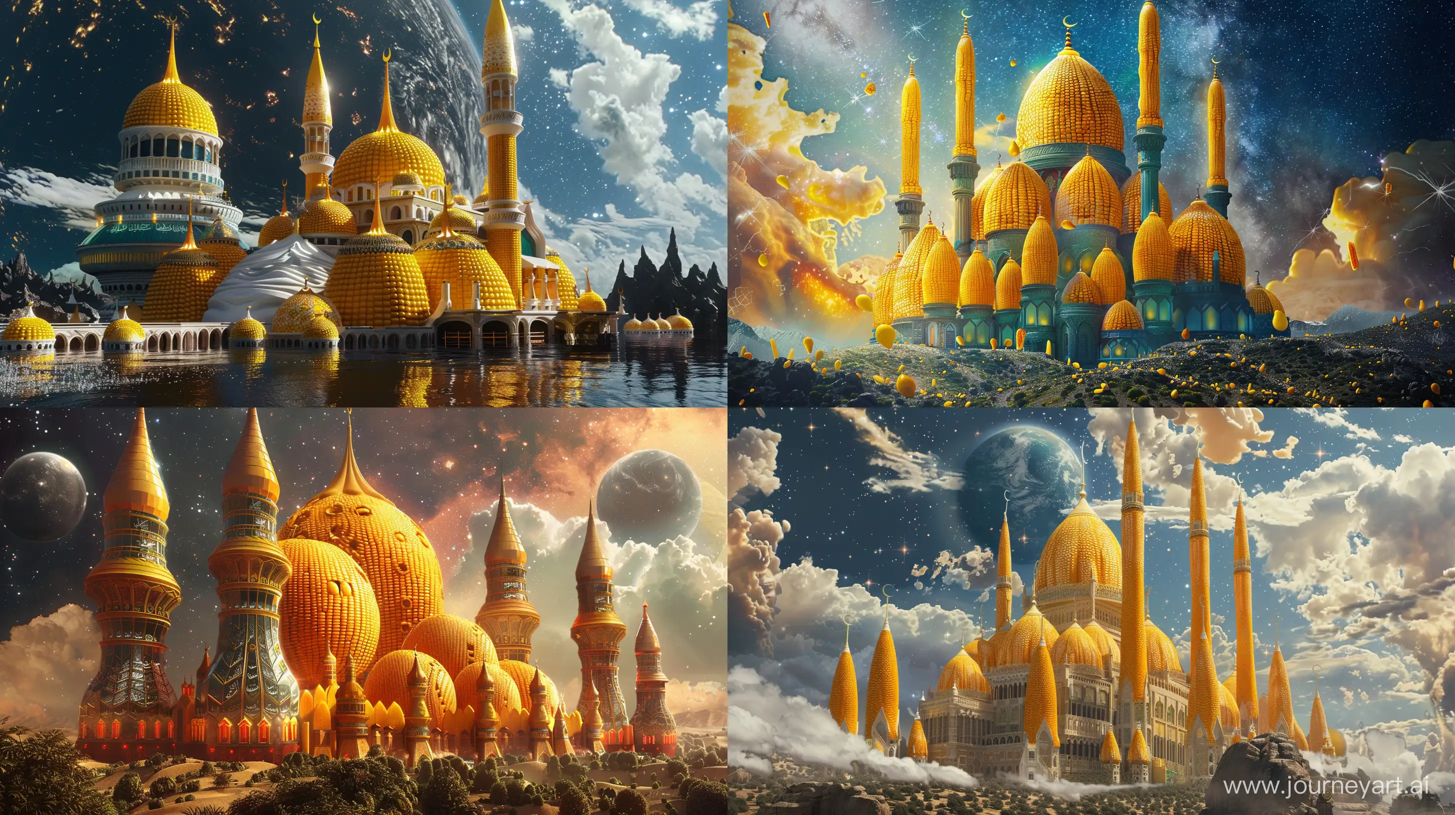 big mosque in the shape of corn and cheese, in the galaxy, fantasy style, realistic --ar 16:9