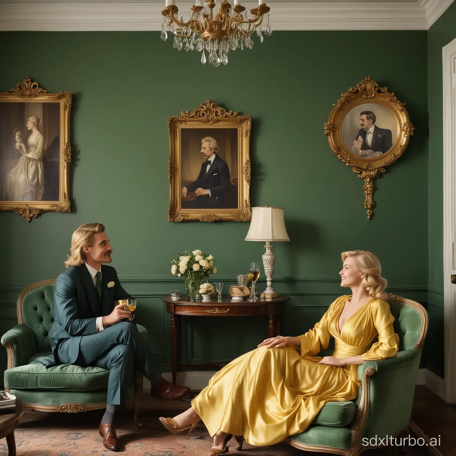 Visualize a sophisticated, intimate setting in a vintage living room. At the center, a man and a woman with blond hair sit opposite each other on plush emerald green upholstered armchairs. The man, positioned on the left, sports a neatly trimmed mustache and is dressed in a sharply tailored navy-blue suit with a white shirt and dark tie. He is holding a stemmed glass, sharing an amused glance with the woman. On the right, the woman is dressed in a flowing golden-yellow gown with long, elegant sleeves. Her hair is styled in an intricate updo. She too is holding a stemmed glass and smiles back at the man. A small glass table stands between them, upon which rests a silver ashtray. The setting is completed by soft green walls with period molding, a dark-framed portrait of a woman hanging on the wall, and a torch-shaped wall sconce. The room is filled with soft lighting, suggesting a peaceful afternoon ambiance. 