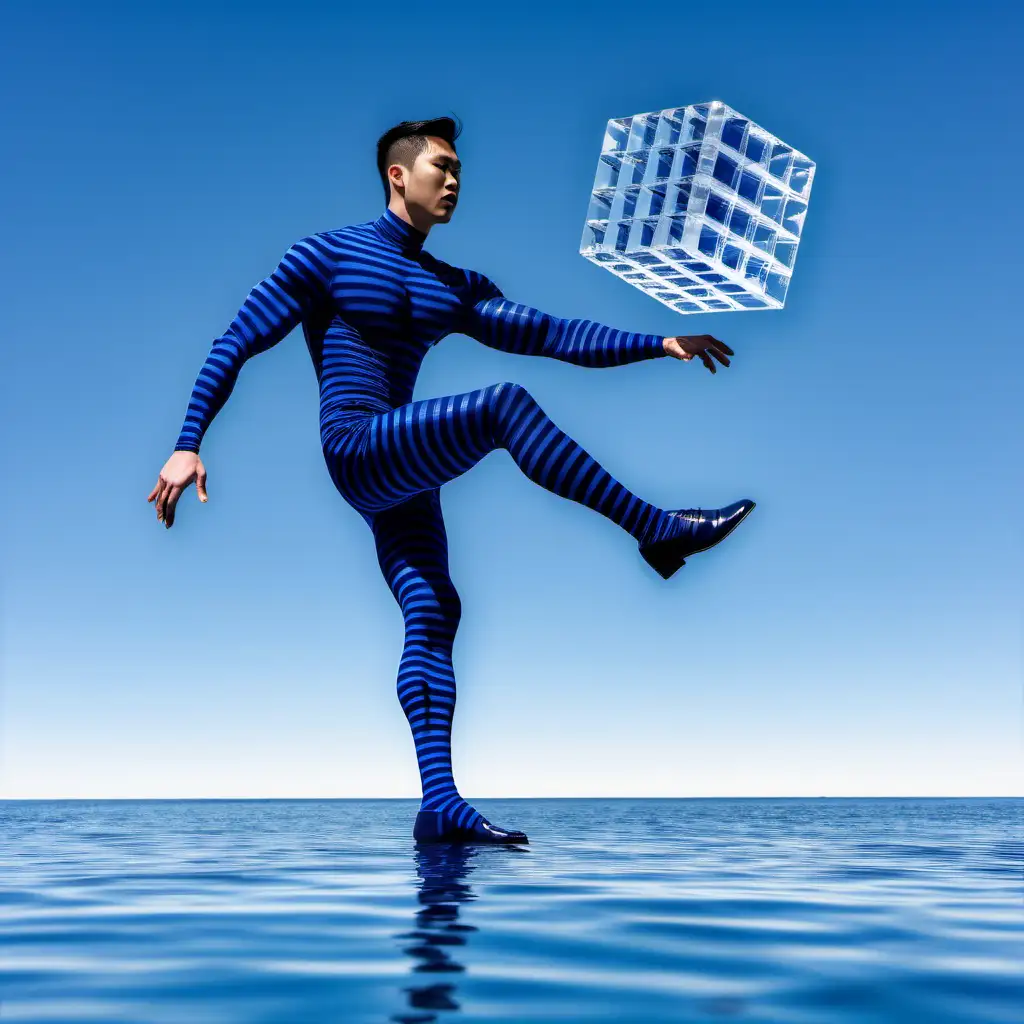 young Asian man, navy blue pacific blue skintight horizontal striped costume, walking on floating transparent cubes, floating transparent cubes, Denver, day