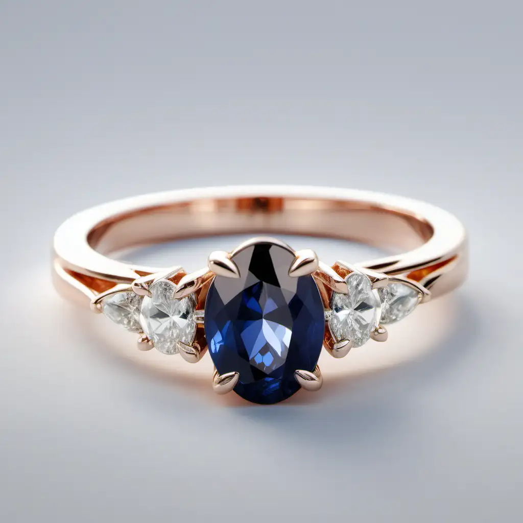 Oval Sapphire, bridal engagement ring with marquis diamonds. Rose gold