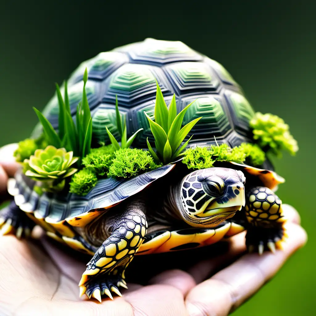A small turtle with a garden growing on the back of it's shell