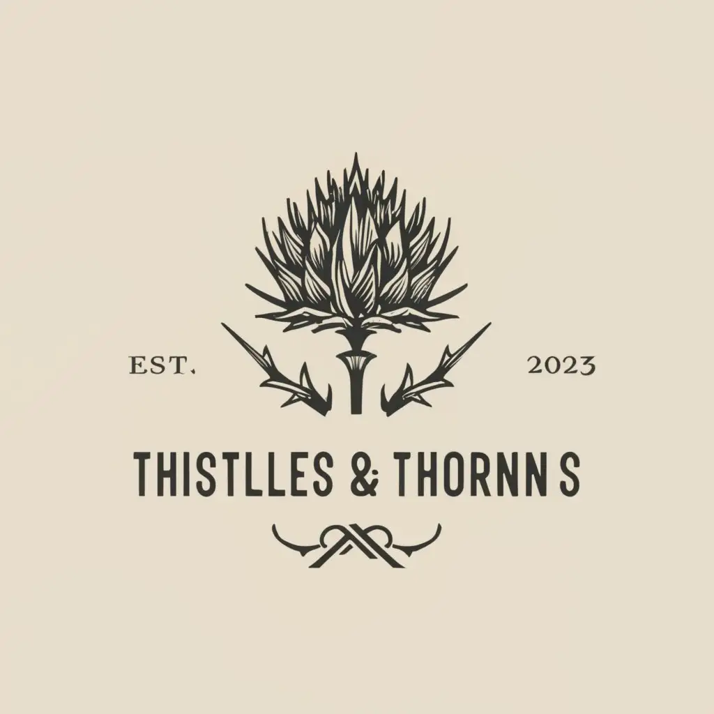 a logo design,with the text "Thistles & Thorns", main symbol:a Thistle with thorns in a abstract minimalistic theme vintage,Minimalistic,clear background